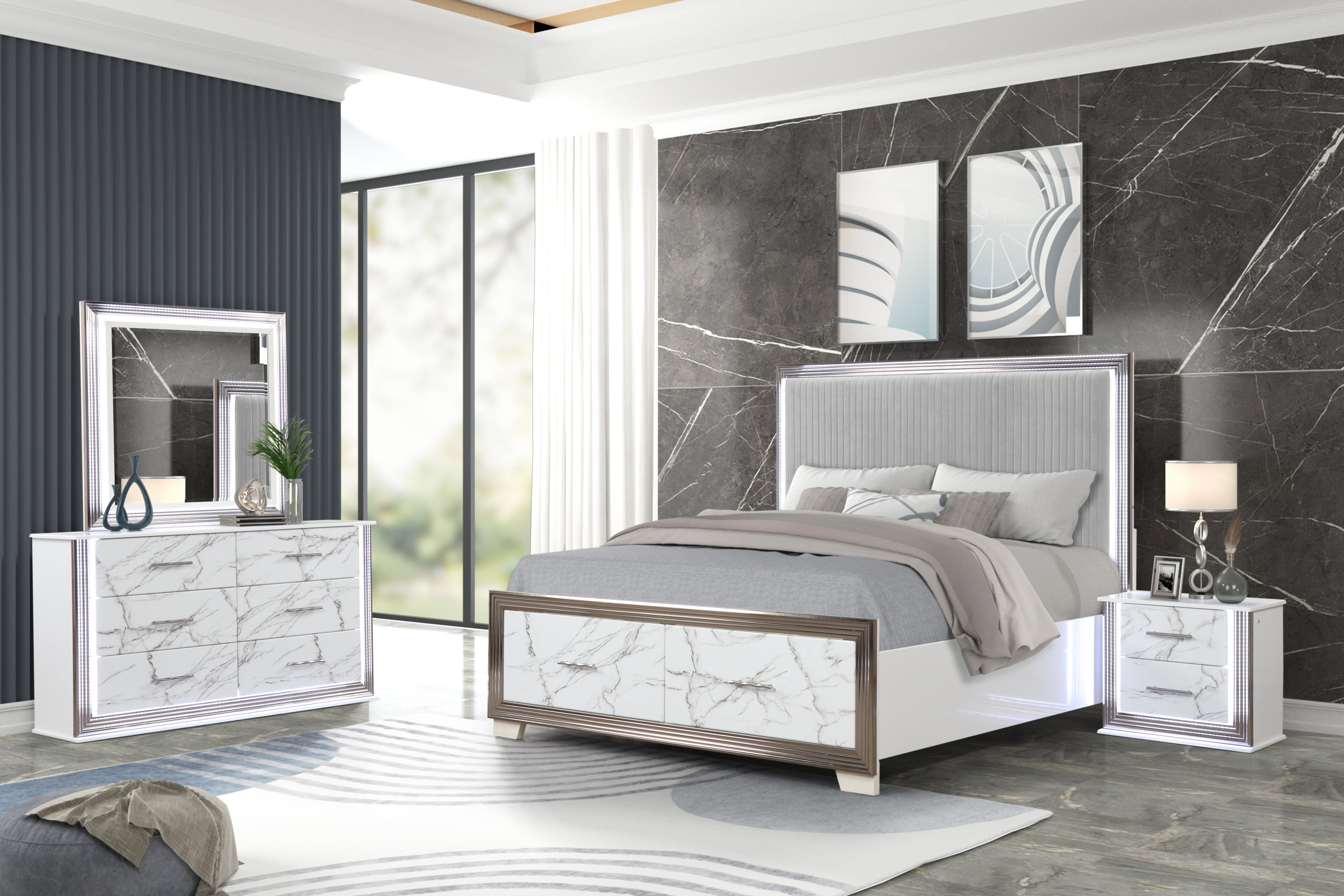 Desire King 4-Piece Bedroom Set – LED Upholstered Bed, Dresser, Mirror, and Nightstand with Marble-Inspired Accents and Sleek Metallic Trim for a Chic Modern Look(NJ INVENTORY)