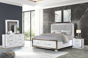 Desire Queen 4-Piece Bedroom Set – LED Upholstered Bed, Marble-Finished Storage, and Metallic Trim for a Sophisticated Contemporary Retreat(NJ INVENTORY)