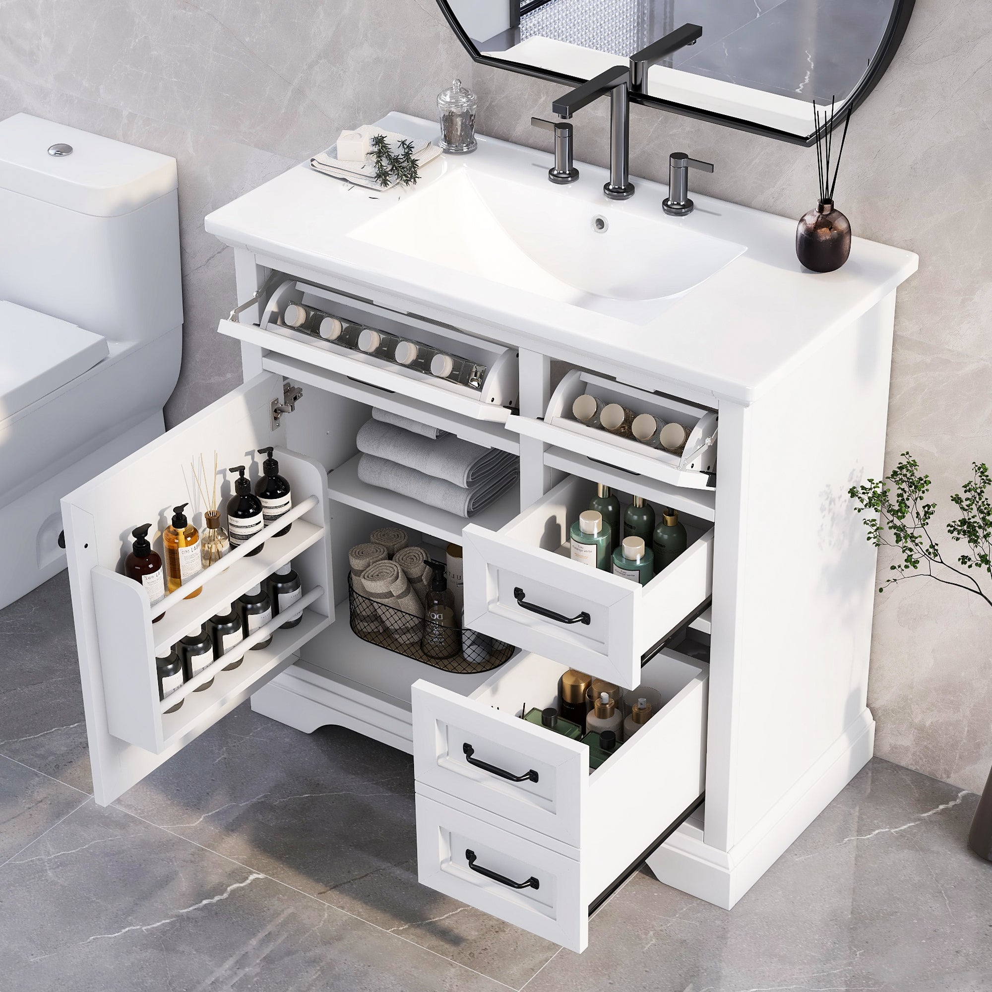 36' Bathroom Vanity with Sink, Ceramic Sink, 2 Tip-out Drawers, Soft Close Door Hinges, White