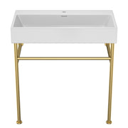 Ceramic Console Sink White Basin with Gold Legs 30-Inch Bathroom Console Sink with Overflow