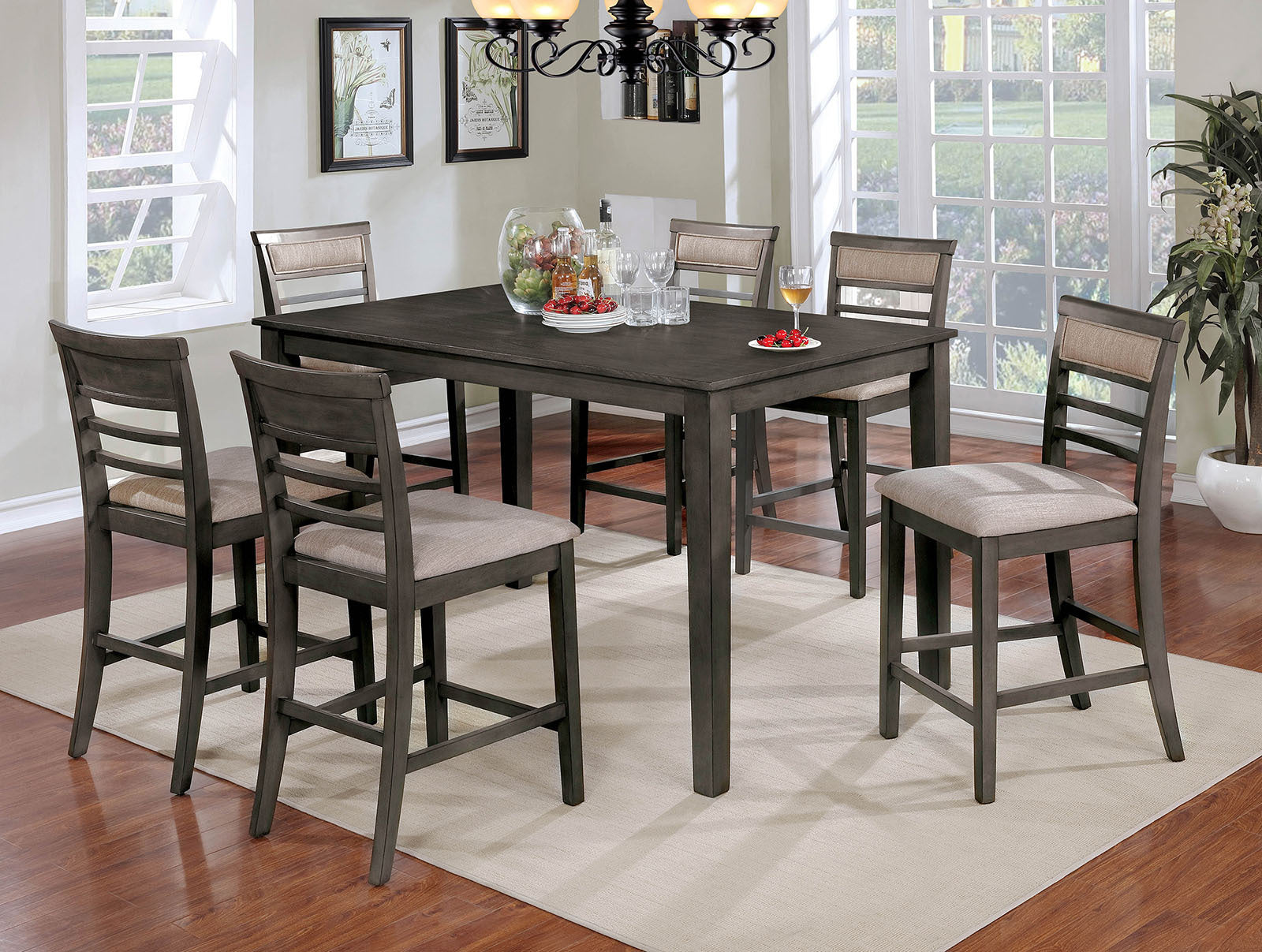 7pc Counter Height Dining Table Set 1x Table 6x Chairs Transitional Style Weathered Gray And Beige Finish Padded Cushion Slat Back Chairs