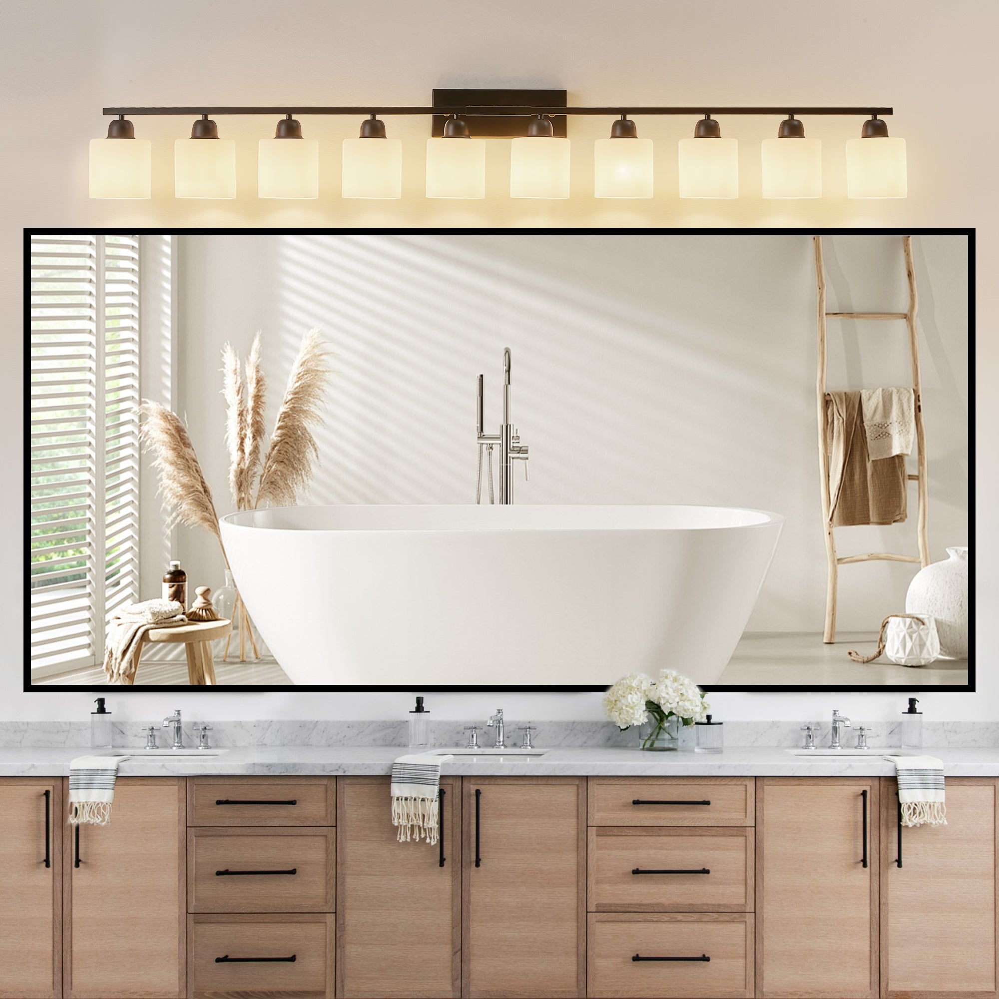 10 Light Bathroom Vanity Lights Over Mirror, 65.4 inch Black Vanity Lights Fixtures with White Glass Shades Matte Black Modern Vanity Lights Black Bathroom Wall Lighting for Mirror Bedroom
