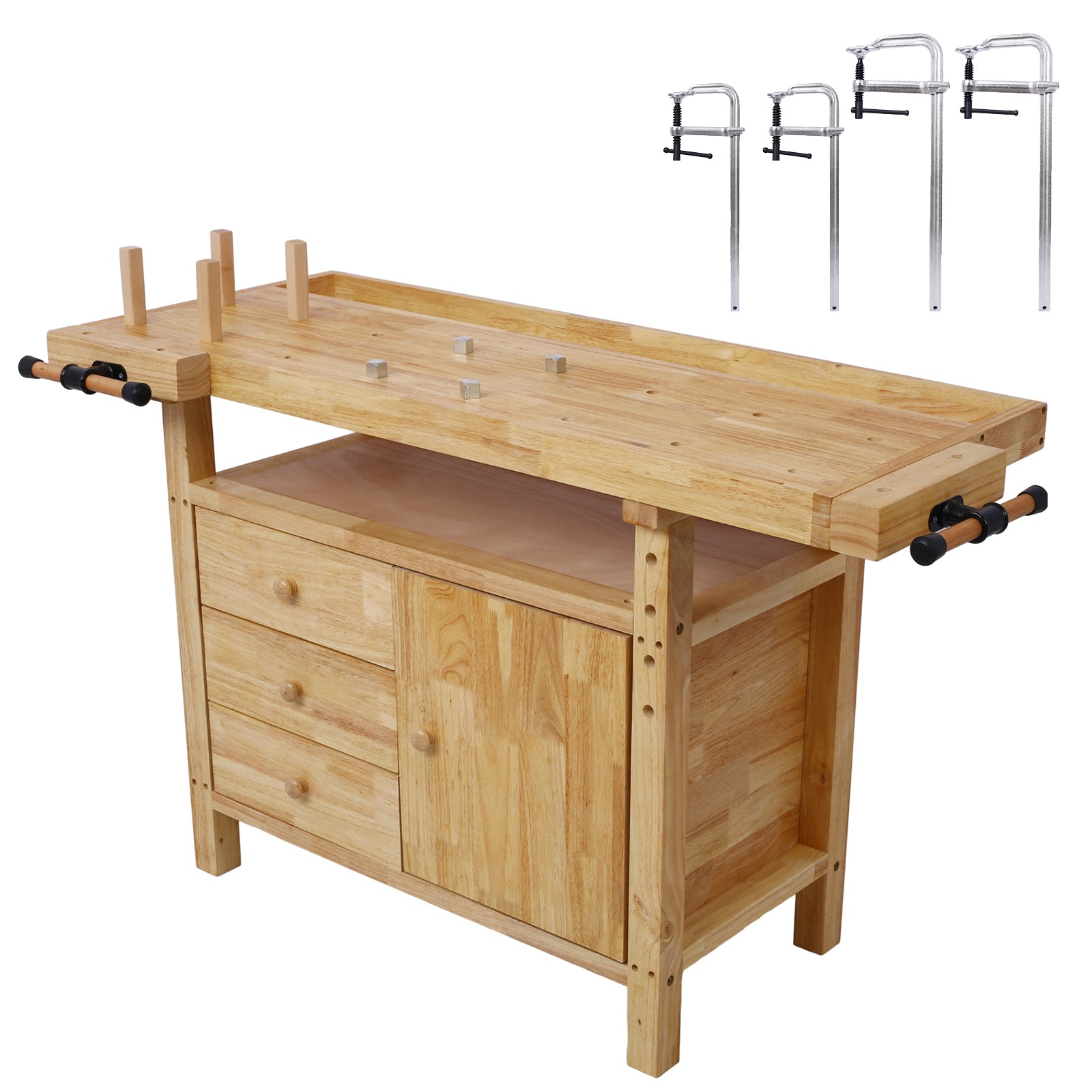 Wood Workbench - Wooden Workbench for Garage Workshop and Home, with Bar Clamps Set  2 pcs 12 inch x 3inch+ 2pcs 16inchx4-3/4' ,4pcs pack