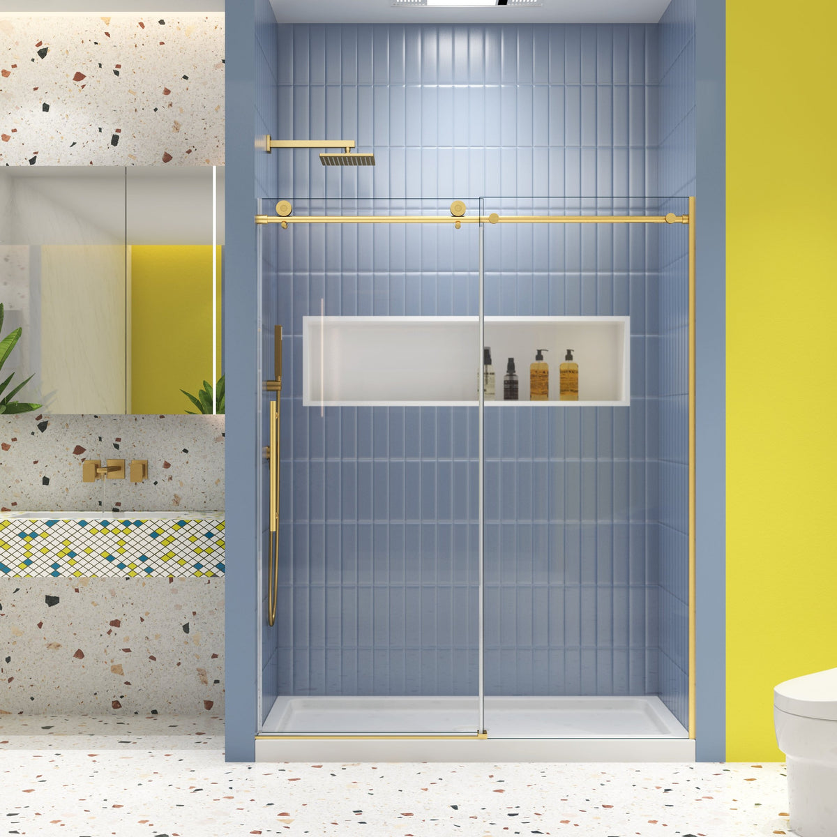 Glass shower door, sliding door, soft close system, with 5/16' tempered glass and Brushed Gold finish 56-60'x74'