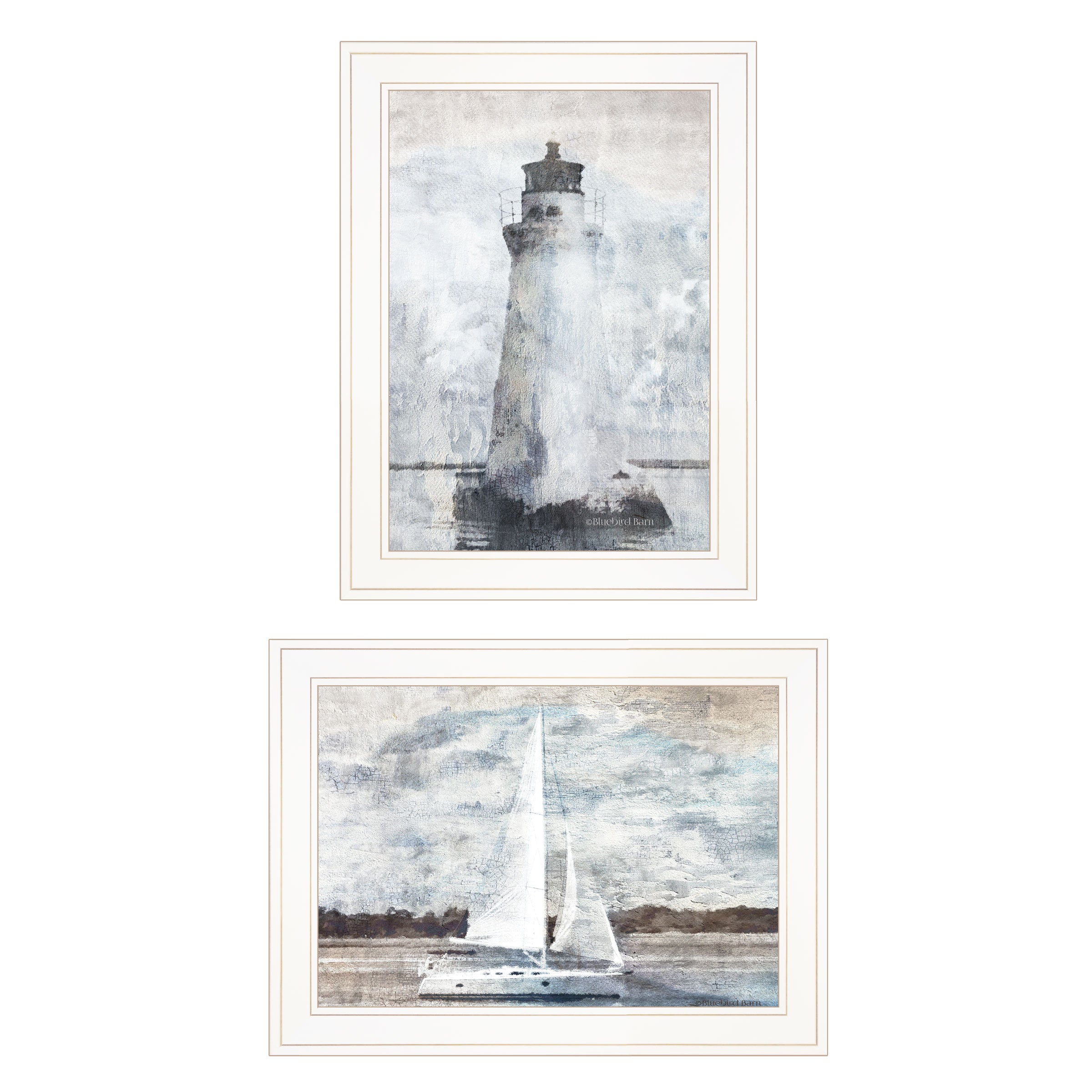 'Lighthouse Sailboat' 2-Piece Vignette By Bluebird Barn, Ready to Hang Framed Print, White Frame