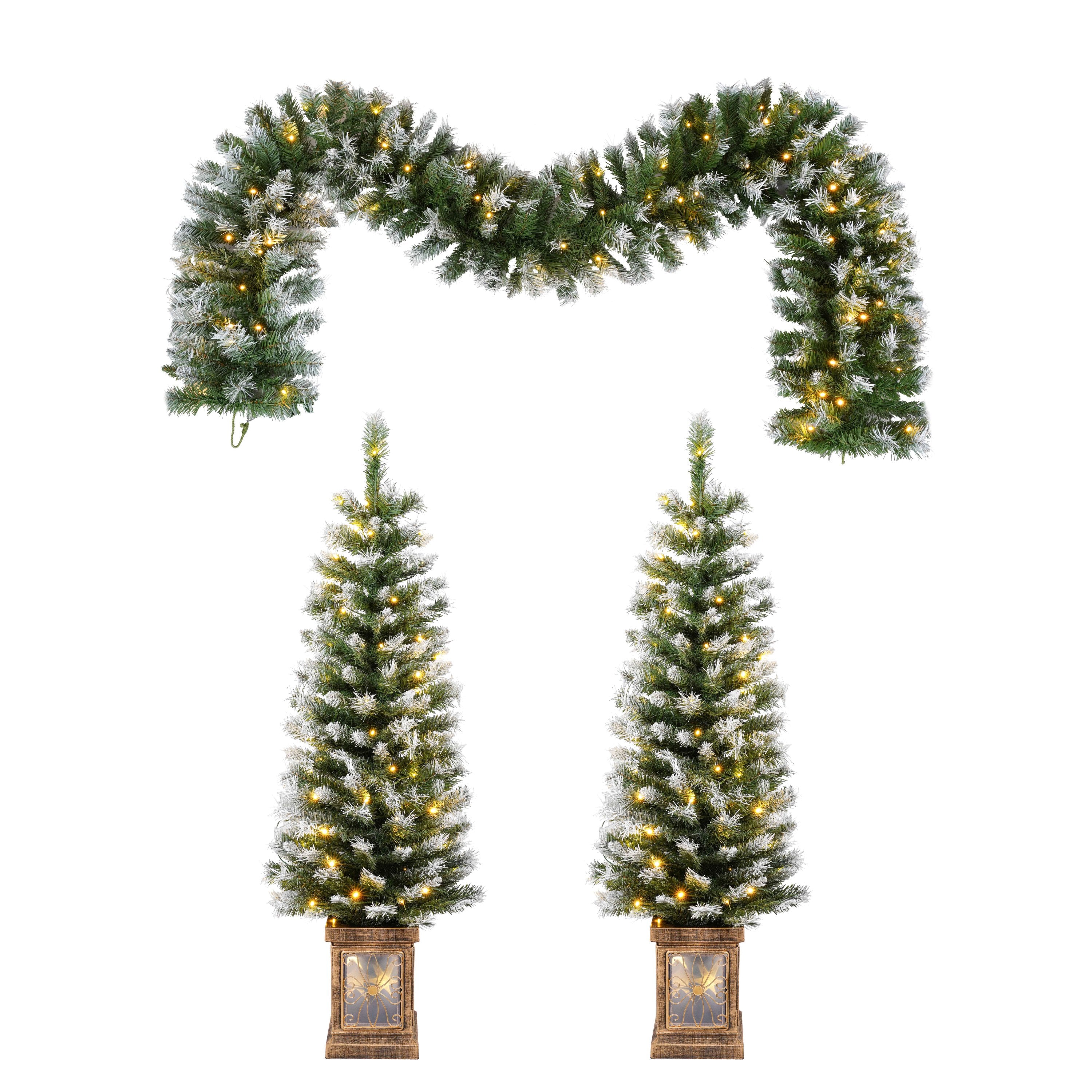 Artificial Christmas 3-Piece Set Wreath and 2 Entrance Trees with LED Lights in White+Green, Premium PVC with Metal Stand, 4 ft Height