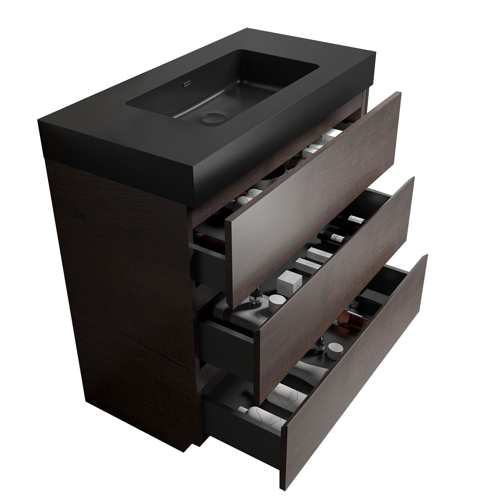 Alice 36' Walnut Bathroom Vanity with Sink, Large Storage, Black Basin, Modern Freestanding Design
