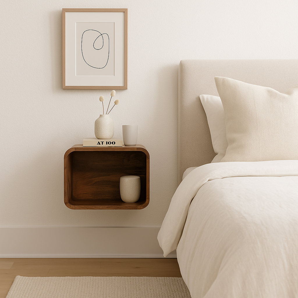 Solid Wood Oak-ish Floating Nightstand, Open Shelf, Light Brown