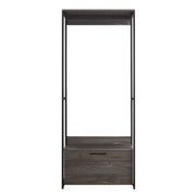 Monica Wood and Metal Walk-in Closet with One Drawer in Rustic Gray Finish and Solid Wood Construction