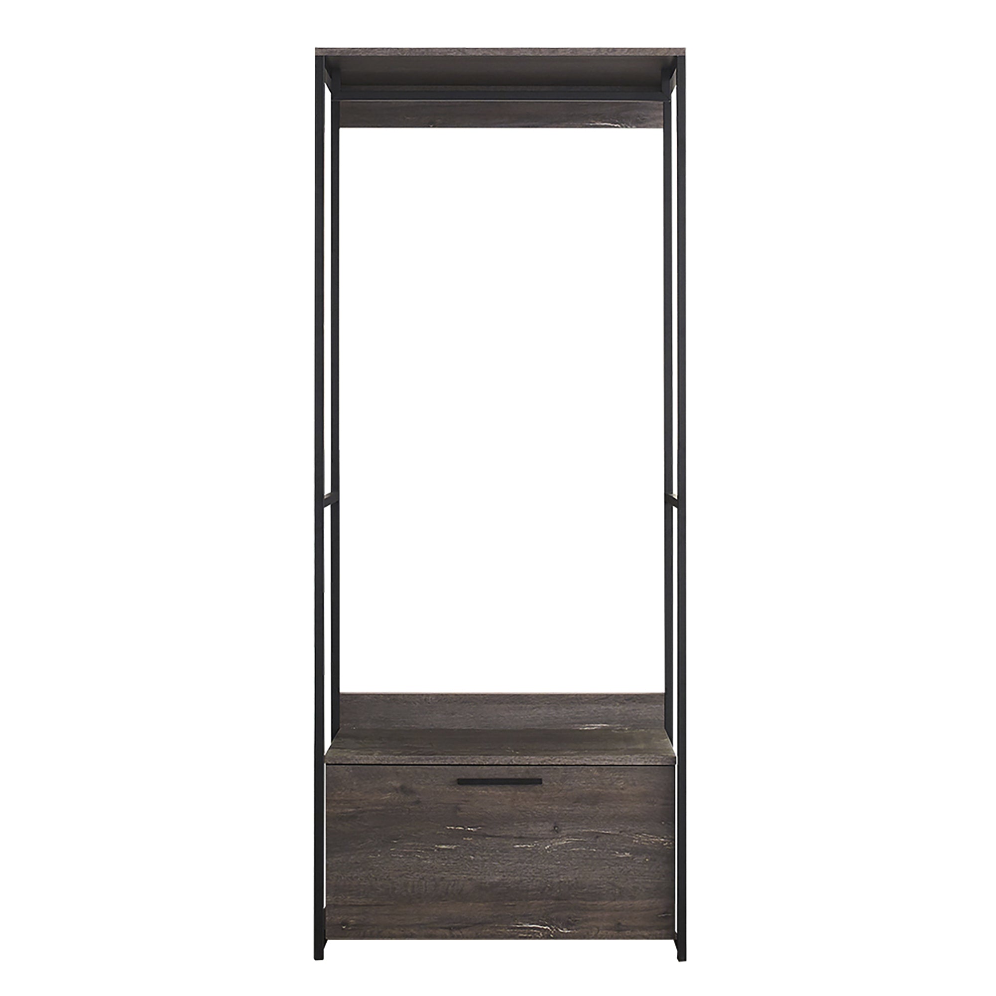 Monica Wood and Metal Walk-in Closet with One Drawer in Rustic Gray Finish and Solid Wood Construction