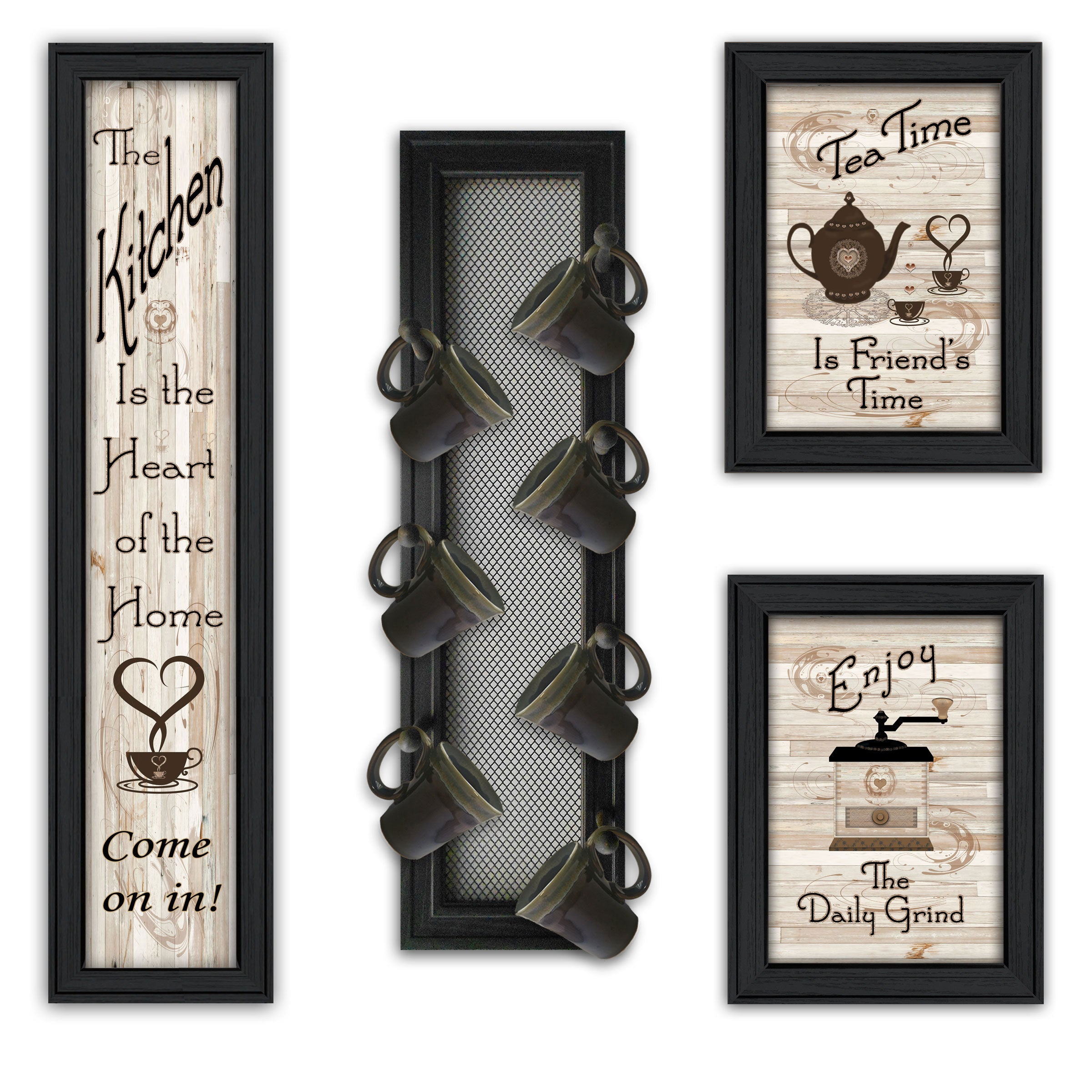 'Kitchen Collection V' 4-Piece Vignette with 7-Peg Mug Rack by Millwork Engineering, Black Frame