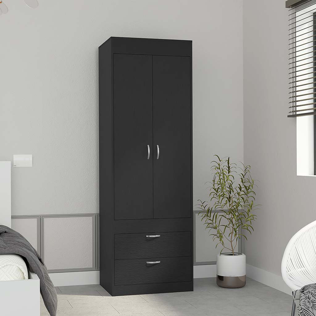 Armoire 70H', Double Door Cabinet, Two Drawers, Metal Handles, Rod, Black
