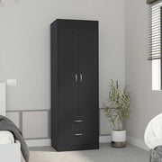 Armoire 70H', Double Door Cabinet, Two Drawers, Metal Handles, Rod, Black