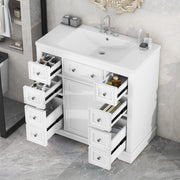 36' Bathroom Vanity with Sink Combo, One Cabinet and Six Drawers, Solid Wood and MDF Board, White