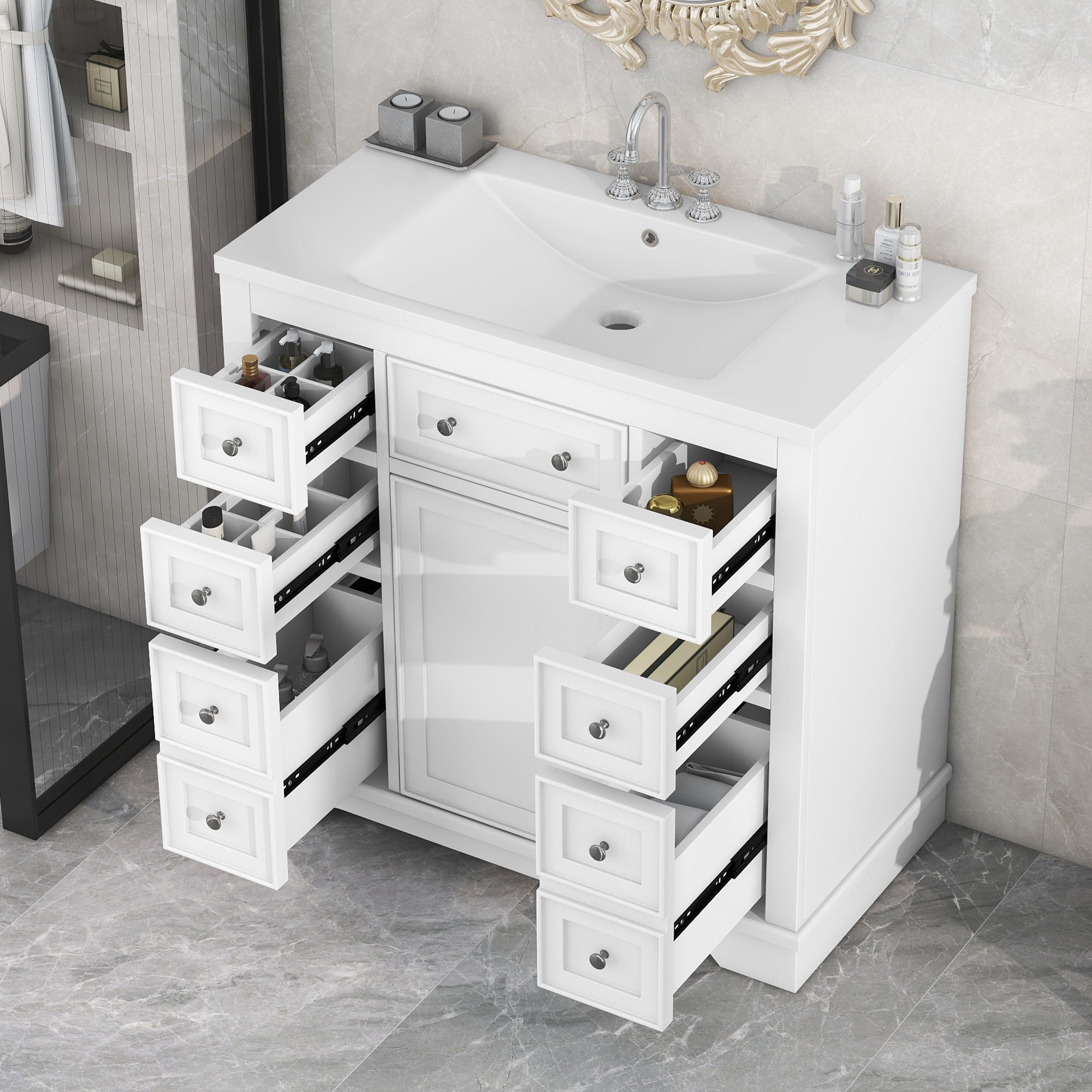 36' Bathroom Vanity with Sink Combo, One Cabinet and Six Drawers, Solid Wood and MDF Board, White