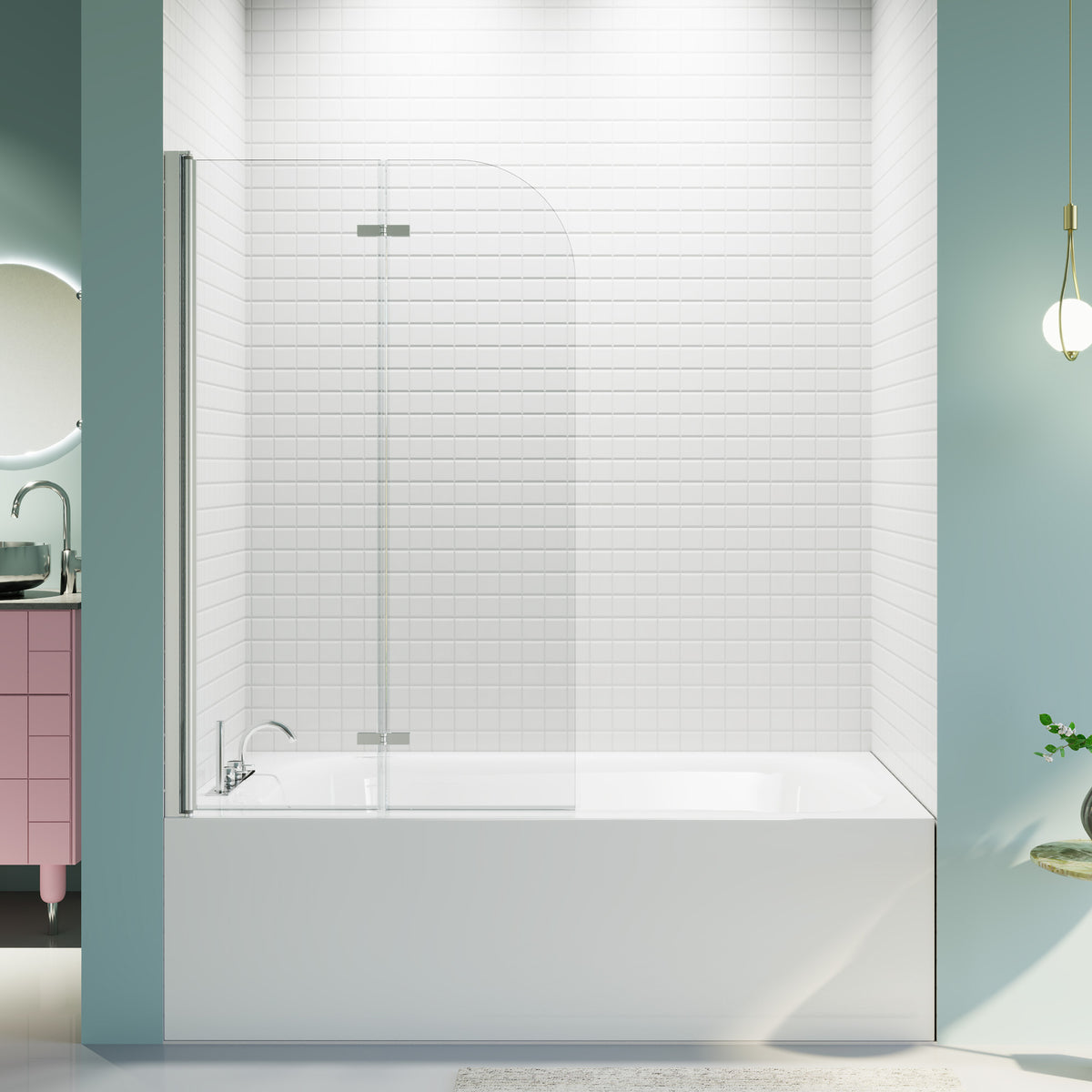 34' W x 58' H Frameless Folding Pivot Bathtub Door, 1/4' (6mm) Thick SGCC Clear Tempered Glass Door, Bathroom Pivot Bifold Shower Tub Door Panel, Reversible Installation, Chrome Finish