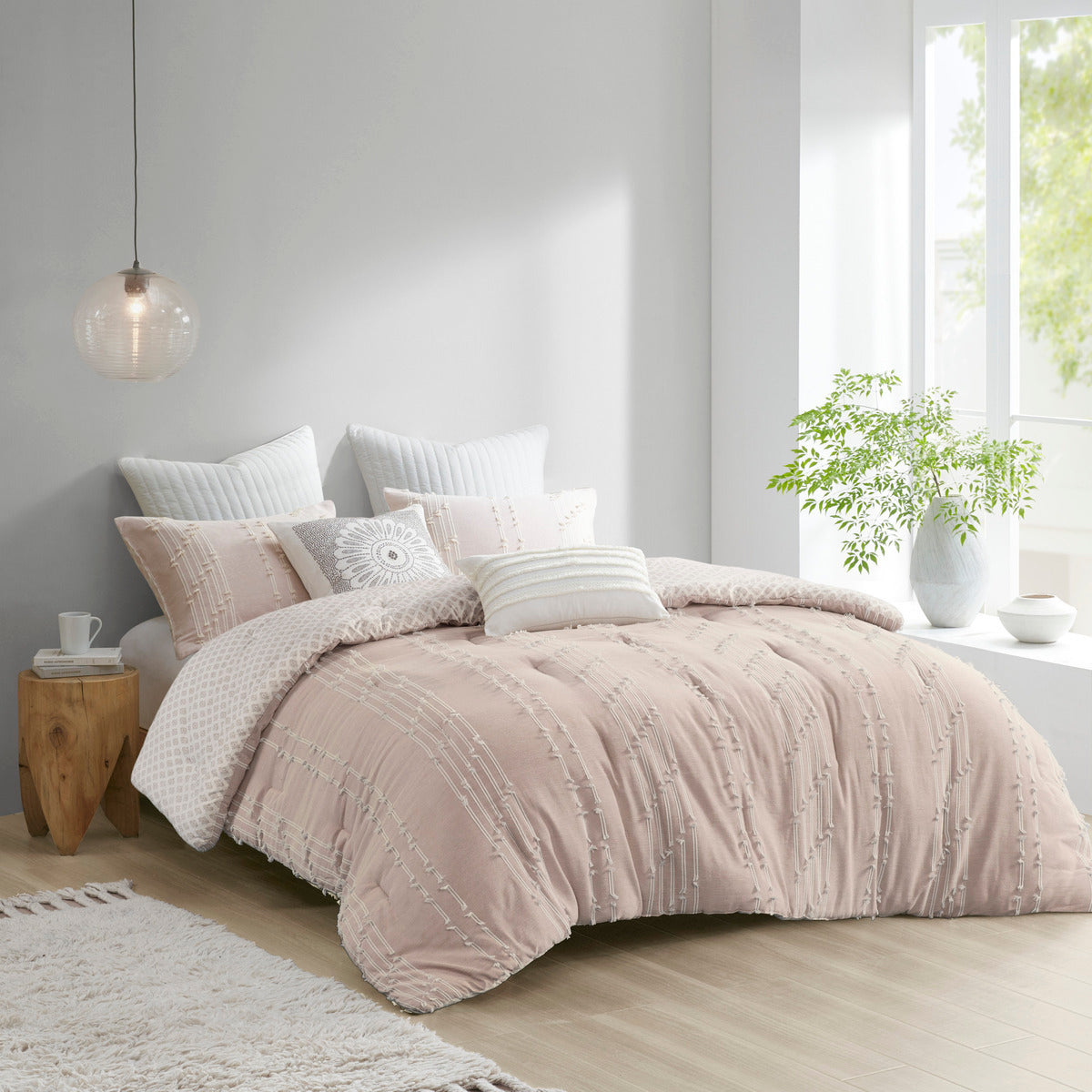 3 Piece Cotton Jacquard Comforter Set Blush King/Cal King