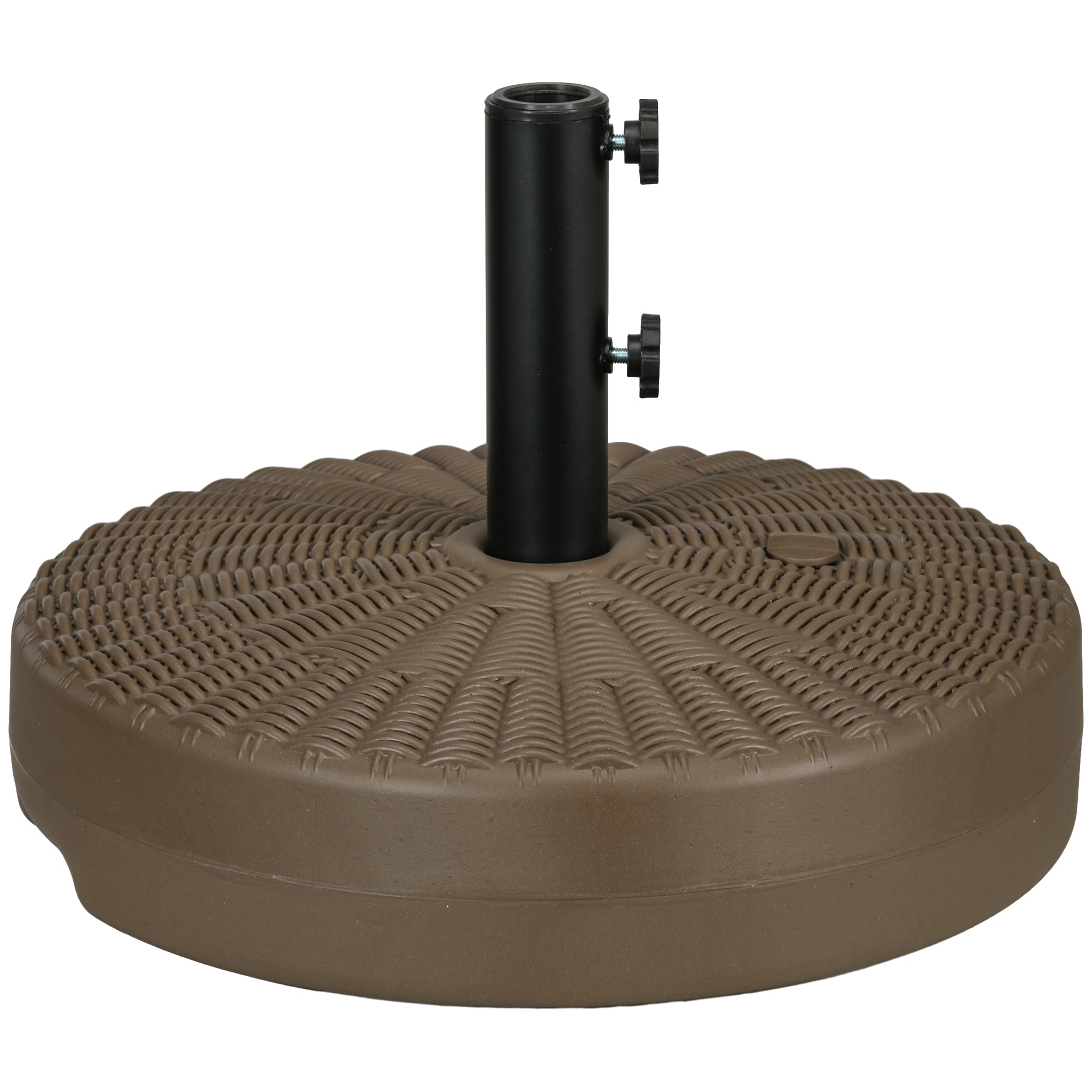 Outsunny 64 lbs. Fillable Umbrella Base with Steel Umbrella Holder, Round Umbrella Stand for 1.5' or 2' Umbrella Poles, Heavy Duty for Outdoor, Lawn, Deck, Poolside, Brown