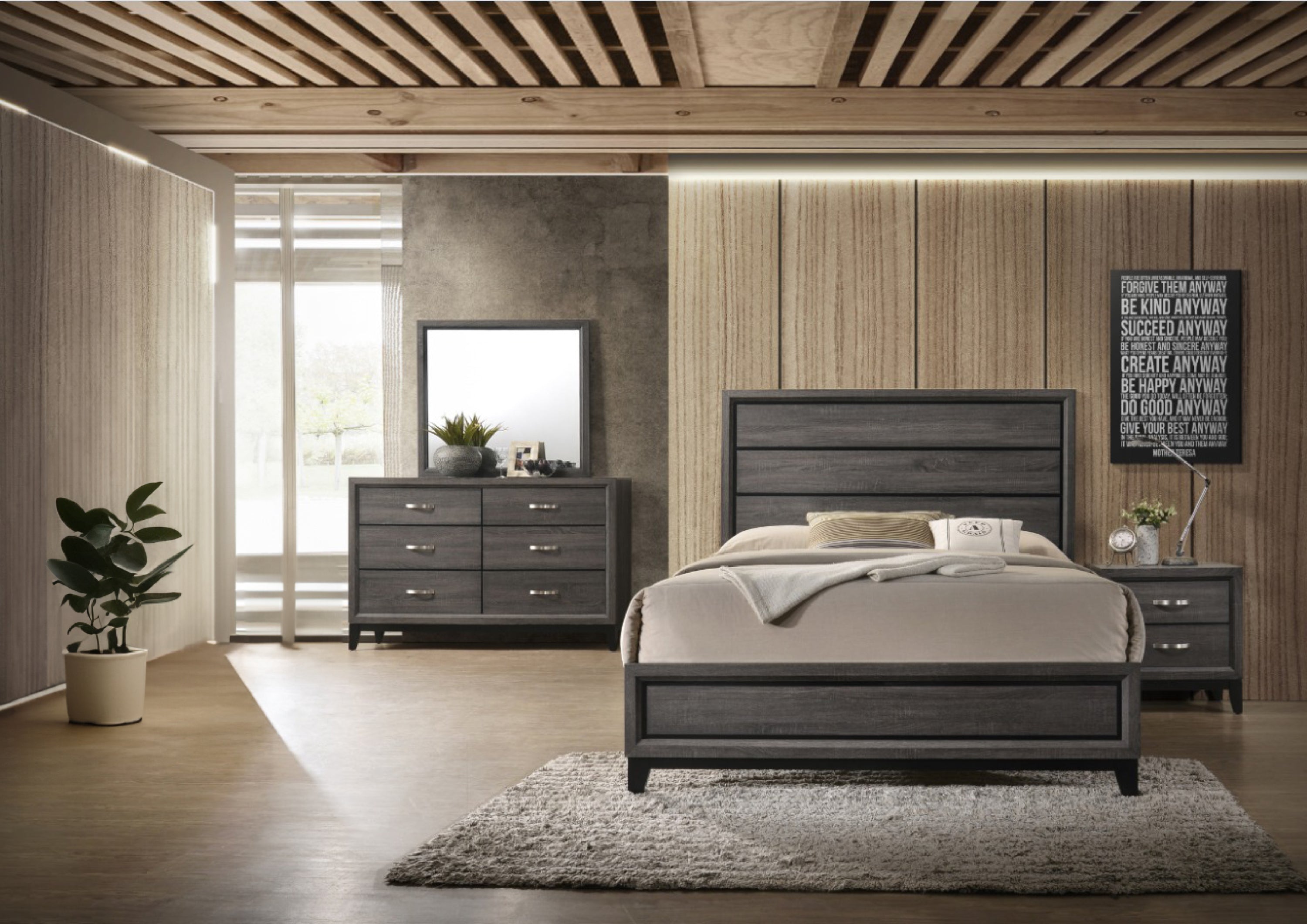 Full 4 Pc Contemporary Bedroom Set Made with Wood in Gray