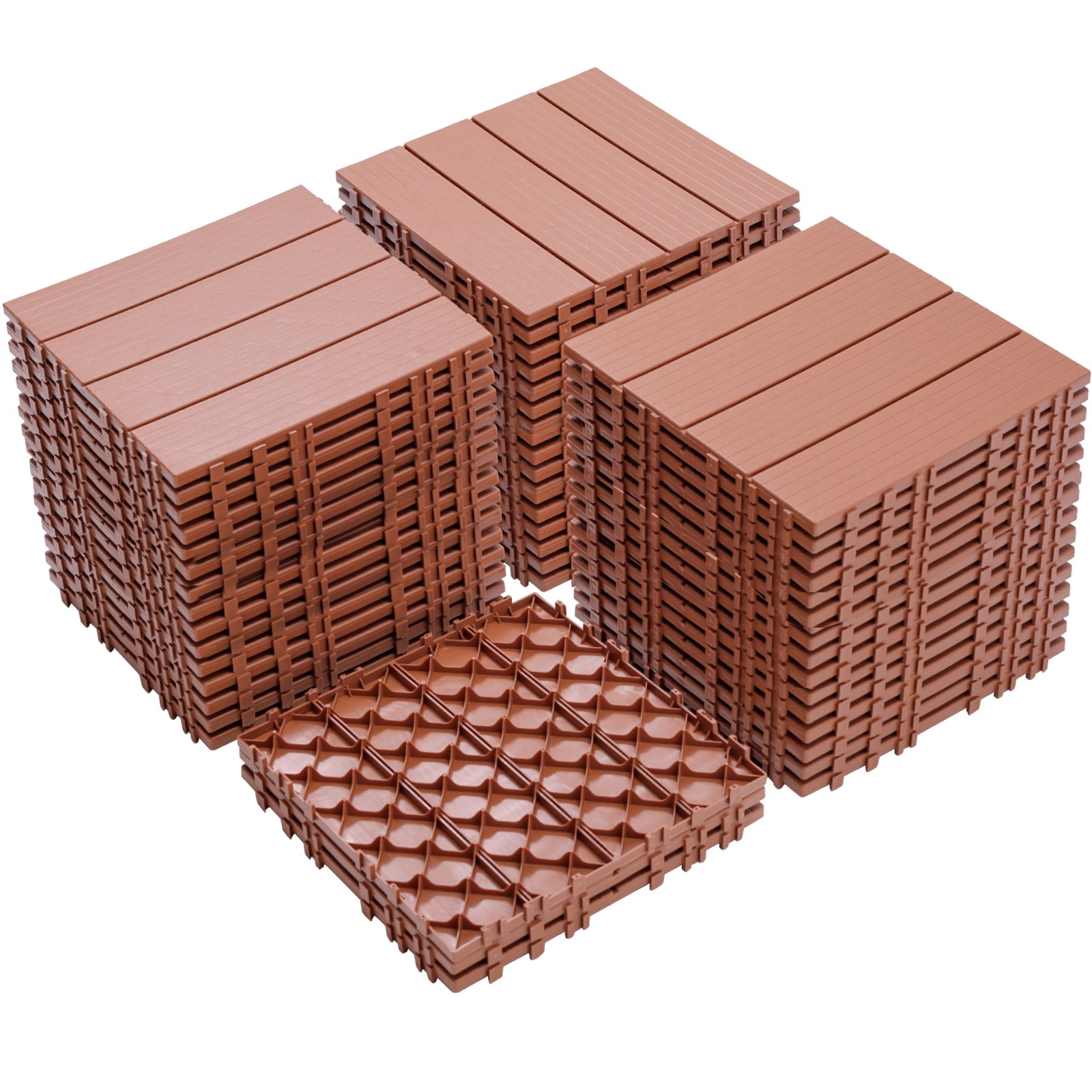 Plastic Interlocking Deck Tiles for Garden and Poolside, Mahogany Color, 12.00'x12.00', Waterproof All-Weather Patio Flooring