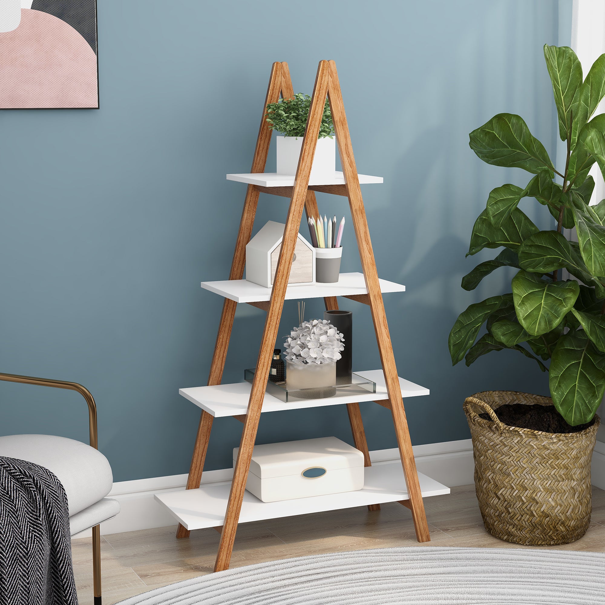 Solid bamboo wood oxford 'A' frame ladder display bookshelf