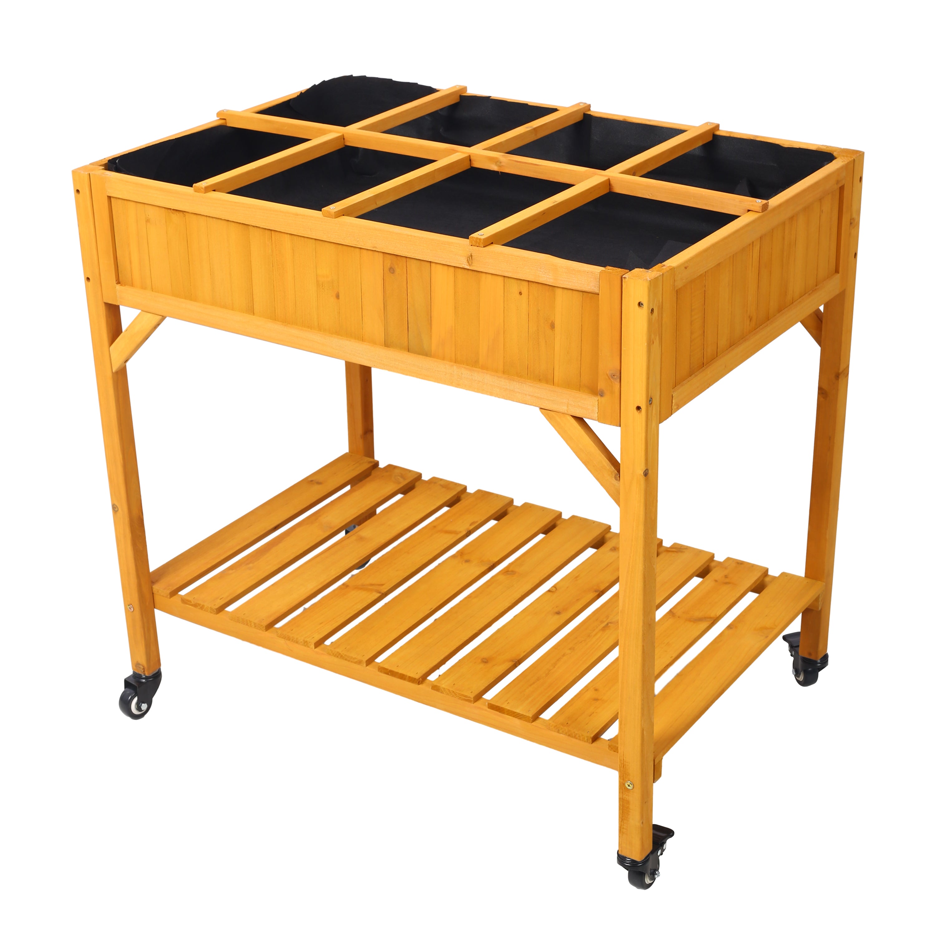 Elevated 8 Pocket Herb Garden Bed, Mobile Raised Customizable Wood Planter for Herbs, Vegetables, Flowers w/ Lockable Wheels, Storage Shelf, Drainage Holes