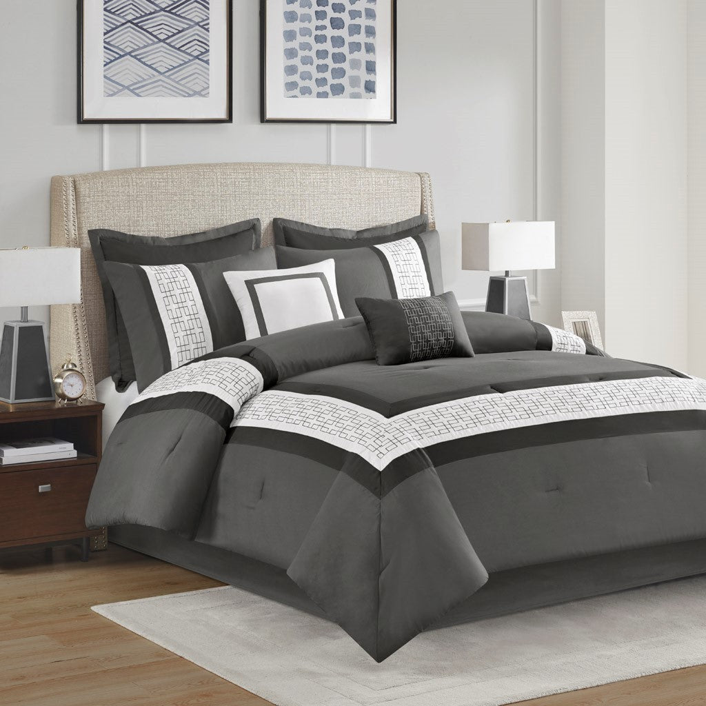 8 Piece Embroidered Comforter Set Dark Grey Cal King