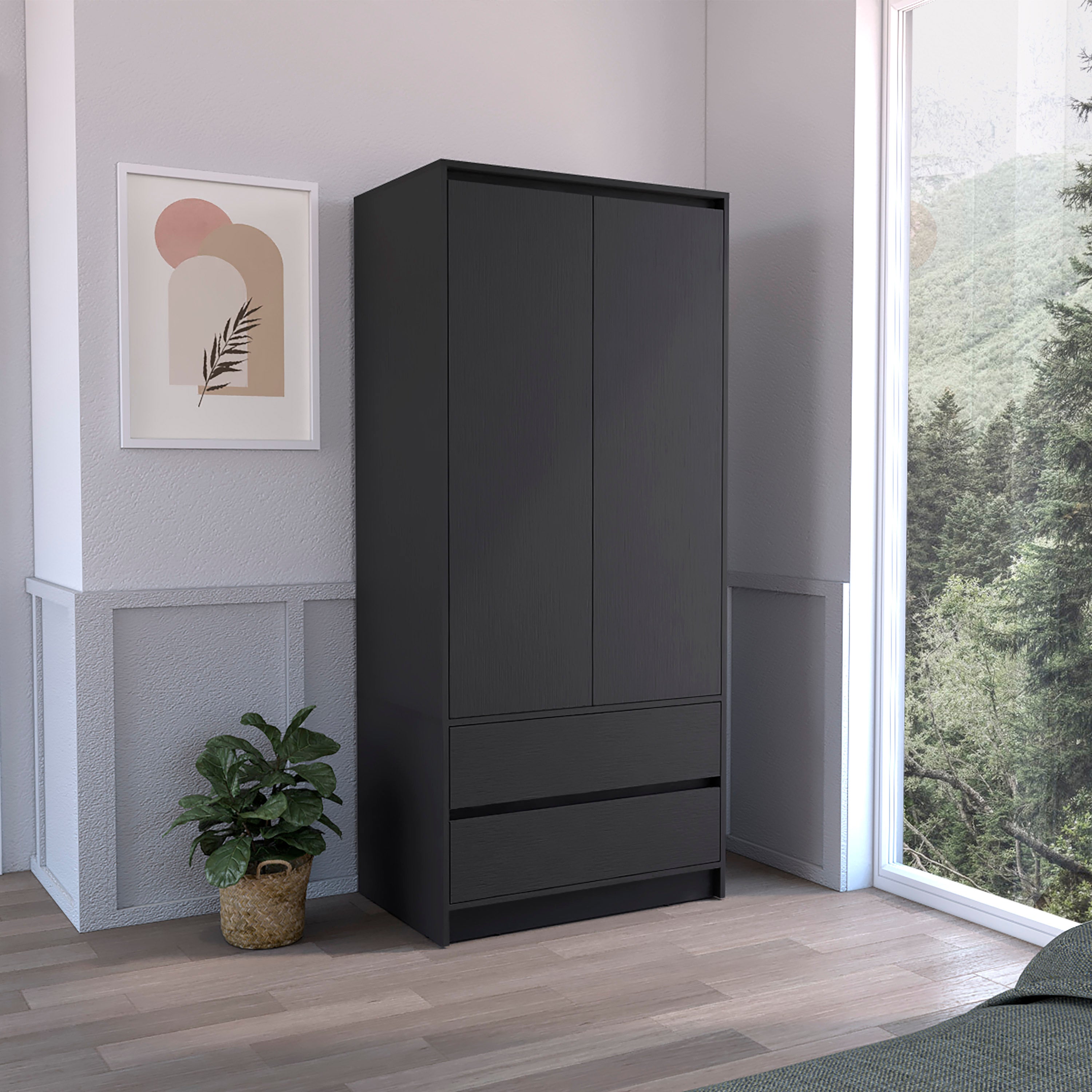 Armoire, Wardrobe Closet with Two Drawers, Hanging Rod, Black