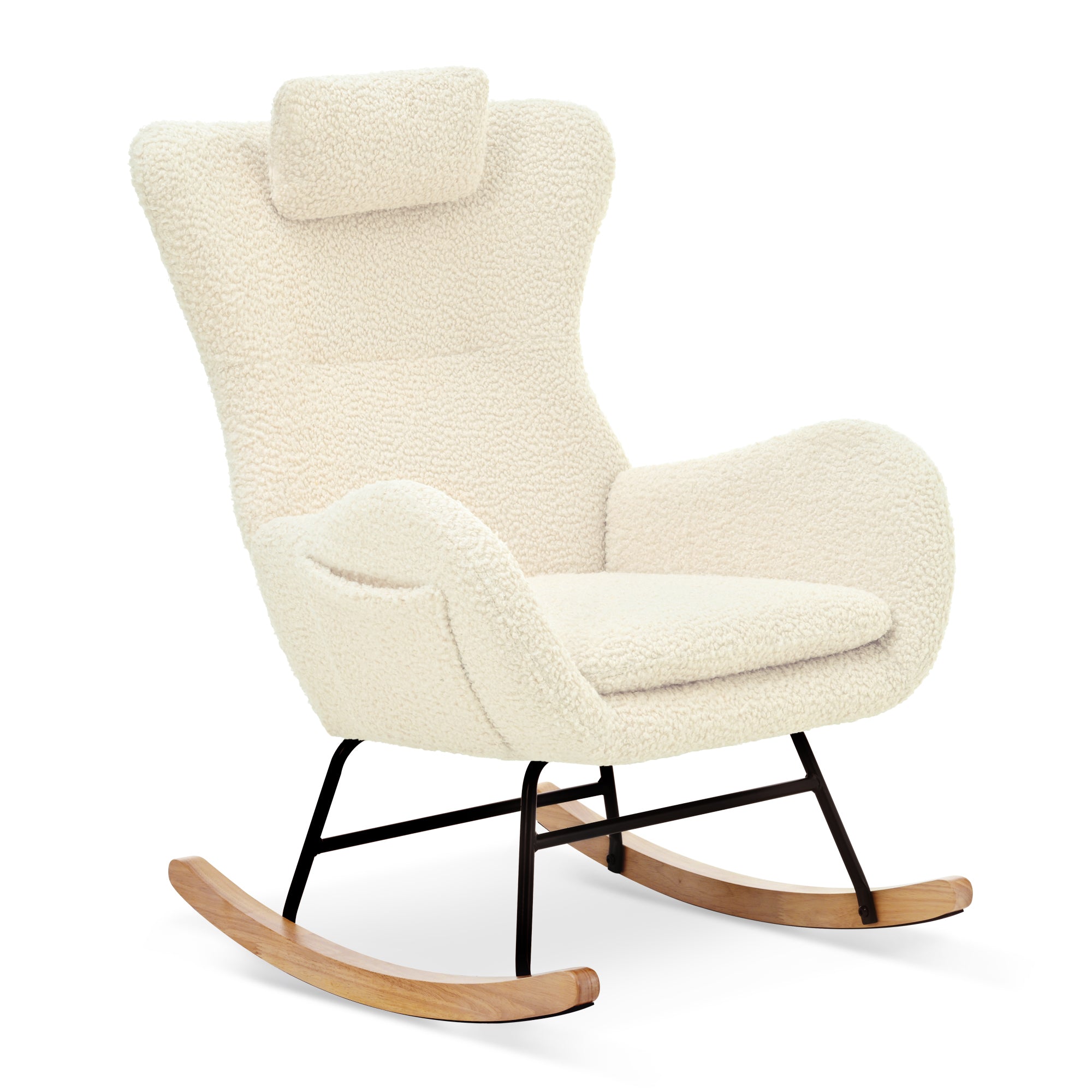 Teddy Upholstered Rocker Glider Chair with Adjustable Headrest & Pocket, Rubber Wood, Beige