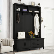 [New Picture] ON-TREND Modern Style Hall Tree with Storage Cabinet and 2 Large Drawers, Widen Mudroom Bench with 5 Coat Hooks, Black