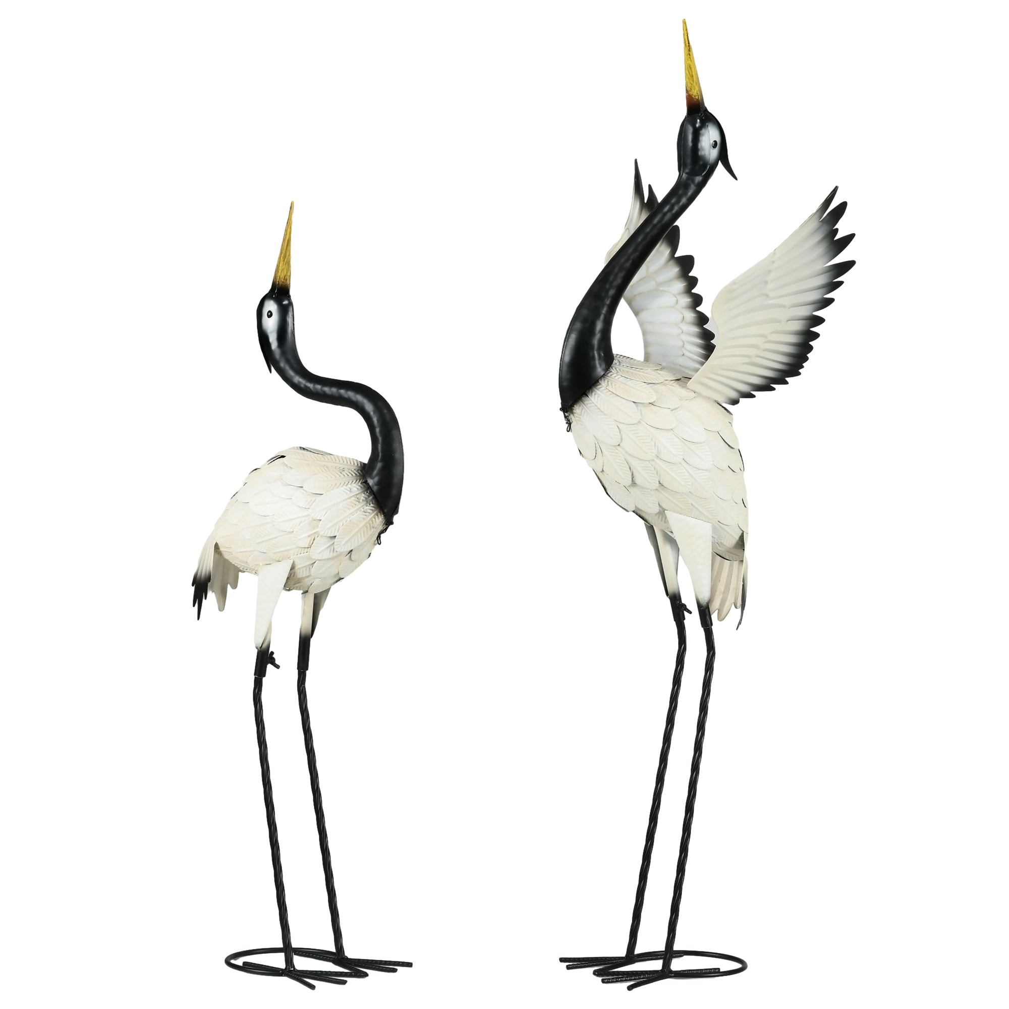 Outsunny Heron Garden Statues, 35.5' & 40.5' Standing Bird Sculptures, Metal Yard Art Decor for Lawn, Patio, Backyard, Landscape Decoration Set of 2, White & Black
