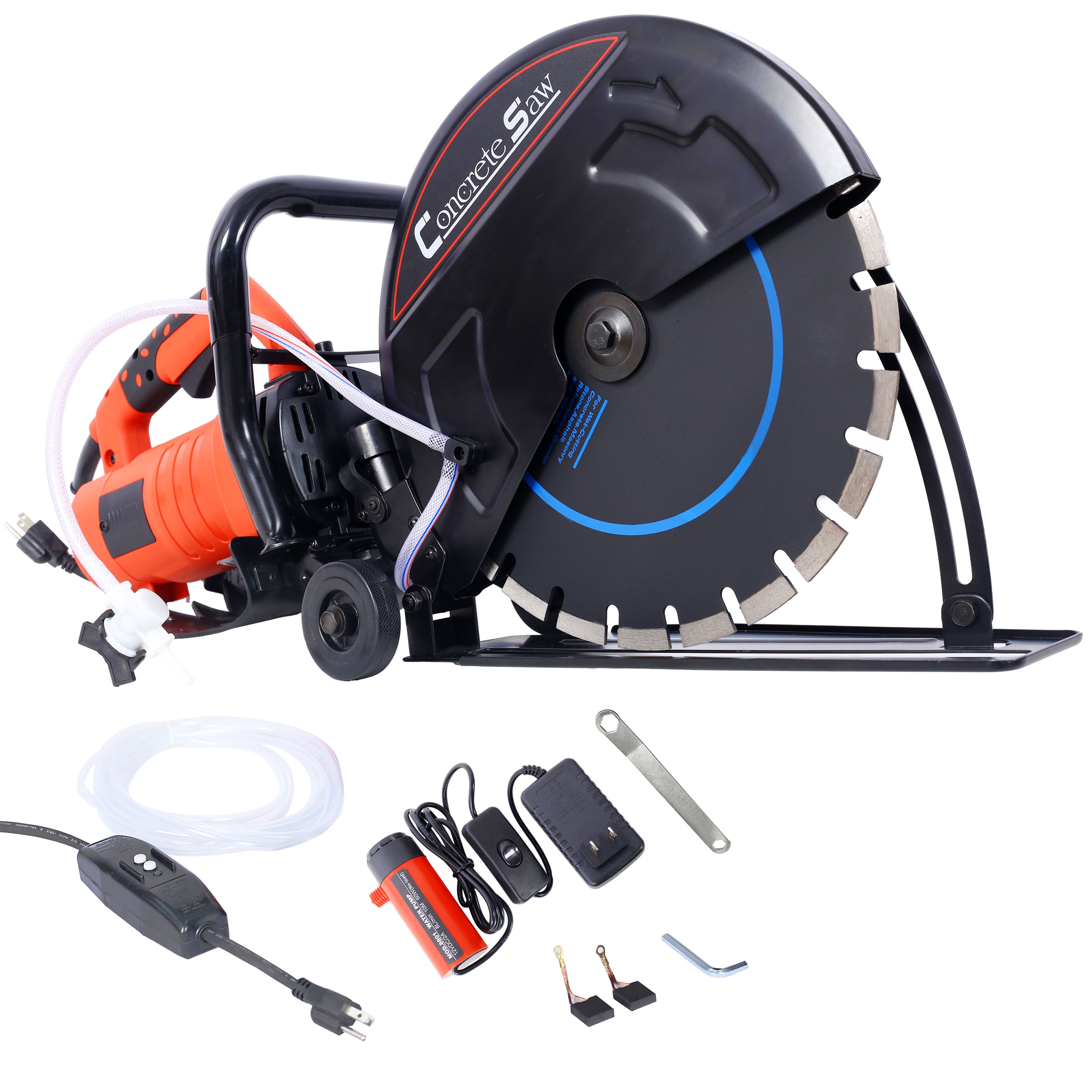Electric 14' Cut Off Saw with Wet/Dry Functionality and Water Line Attachment, Black Metal, 30' Length