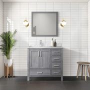 Distressed Grey Bath Vanity 36 in. W x 22 in. D, Left Offset Carrara Marble Top, and Faucet Set