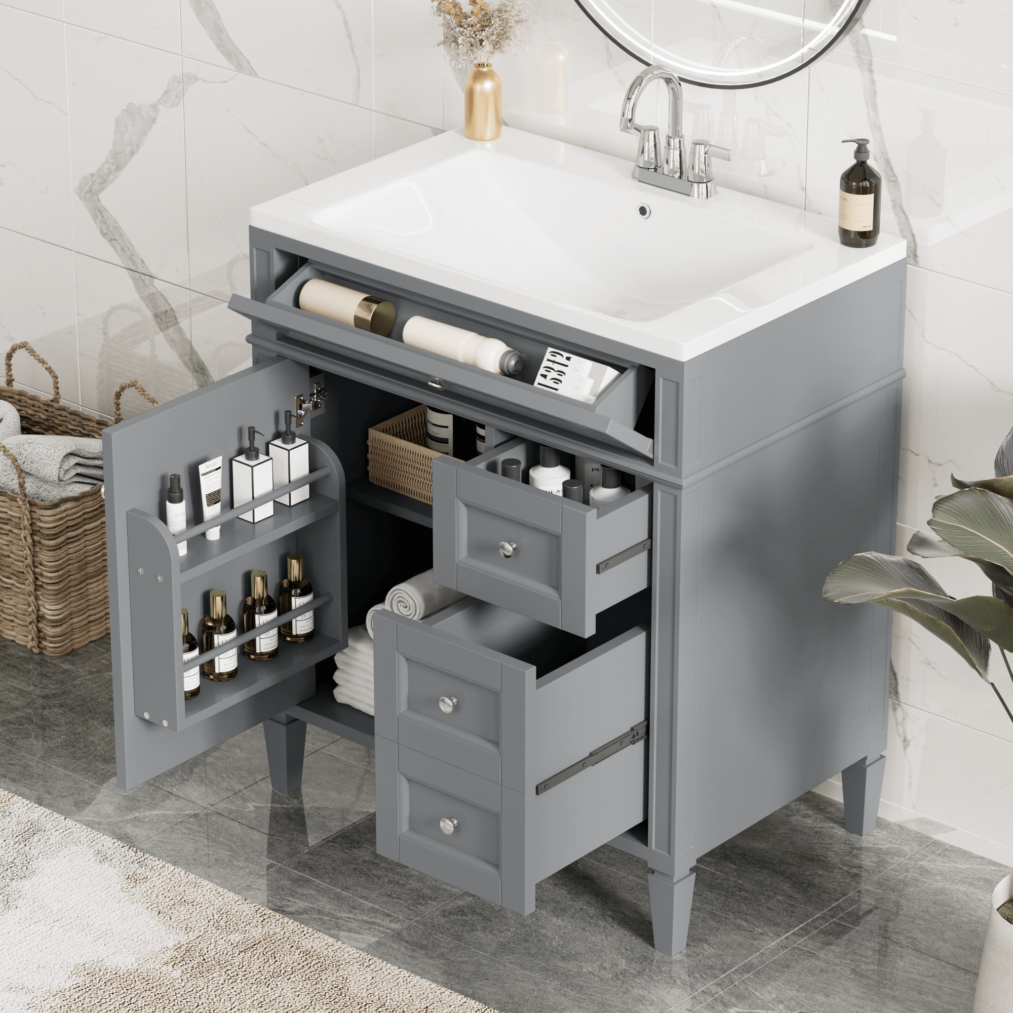 30'' Bathroom Vanity with Top Sink, Modern Bathroom Storage Cabinet with 2 Drawers and a Tip-out Drawer, Single Sink Bathroom Vanity(Same as SW000122AAE-1)