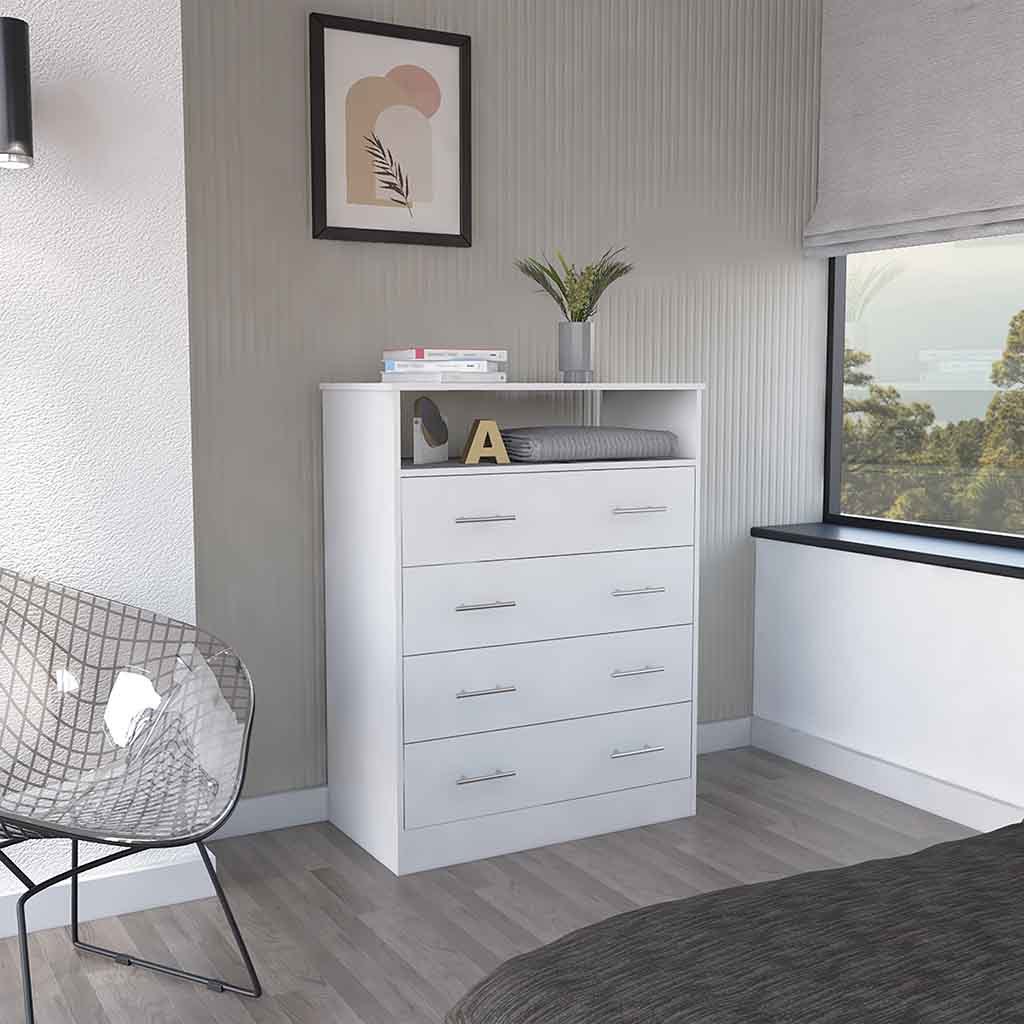 Peru L Four Drawer Dresser, Superior Top, One Open Shelf -White