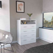 Peru L Four Drawer Dresser, Superior Top, One Open Shelf -White