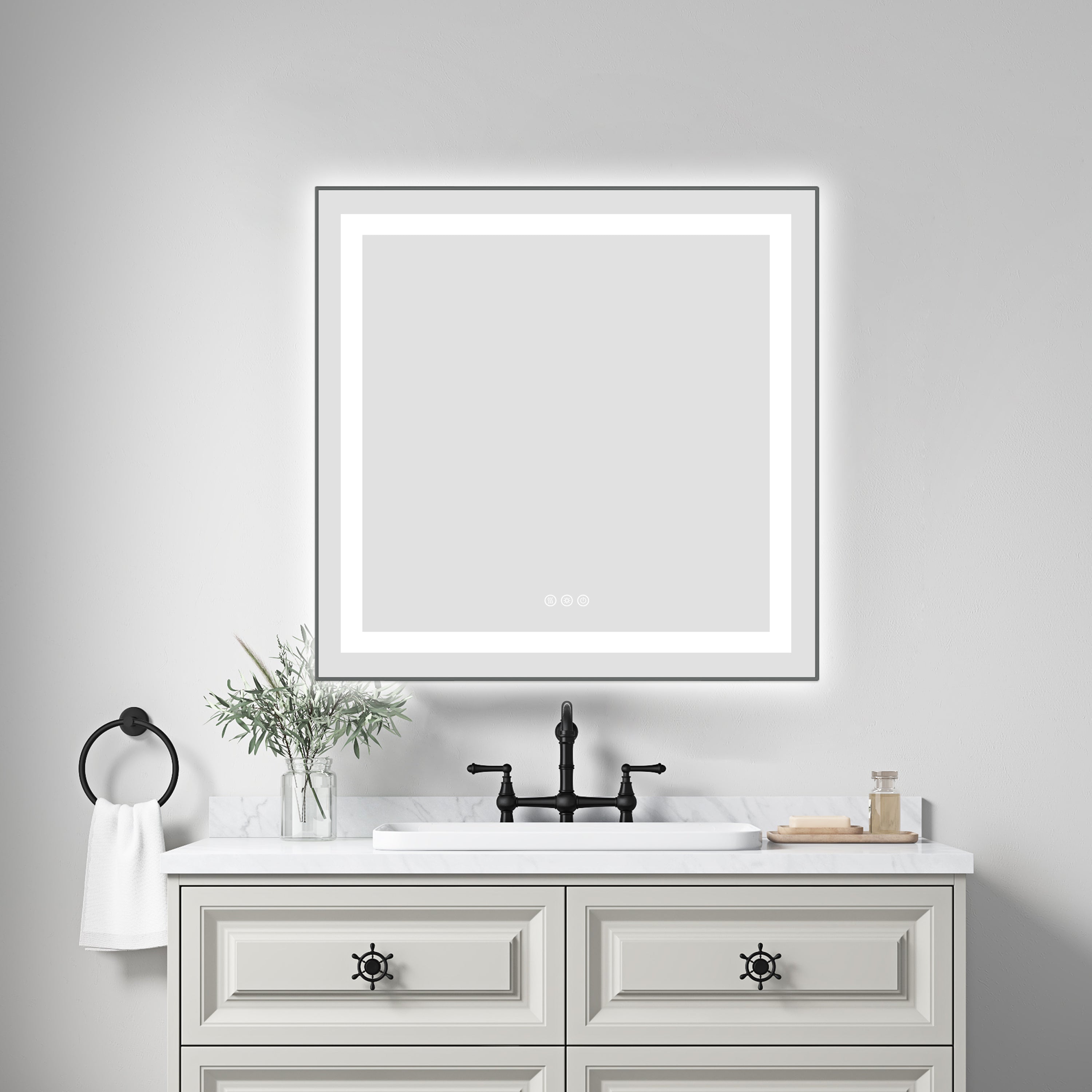 30' x 30' LED Bathroom Mirror with Front and Backlight, Wall Mounted Vanity Mirror with Aluminum Frame, Anti-Fog, Memory, 3 Colors, Stepless Dimmable