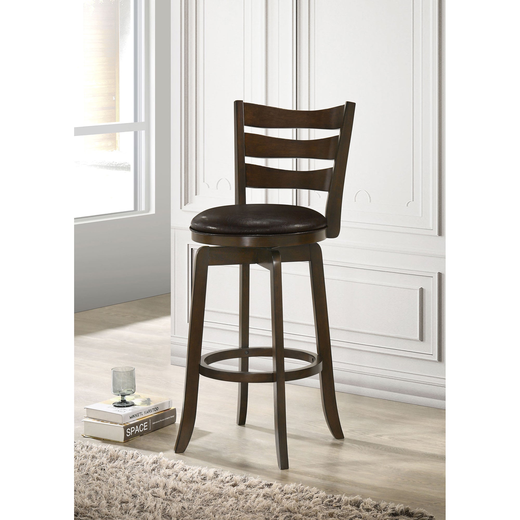 Fenster Dark Brown Wood Pub Height Swivel Bar Chair