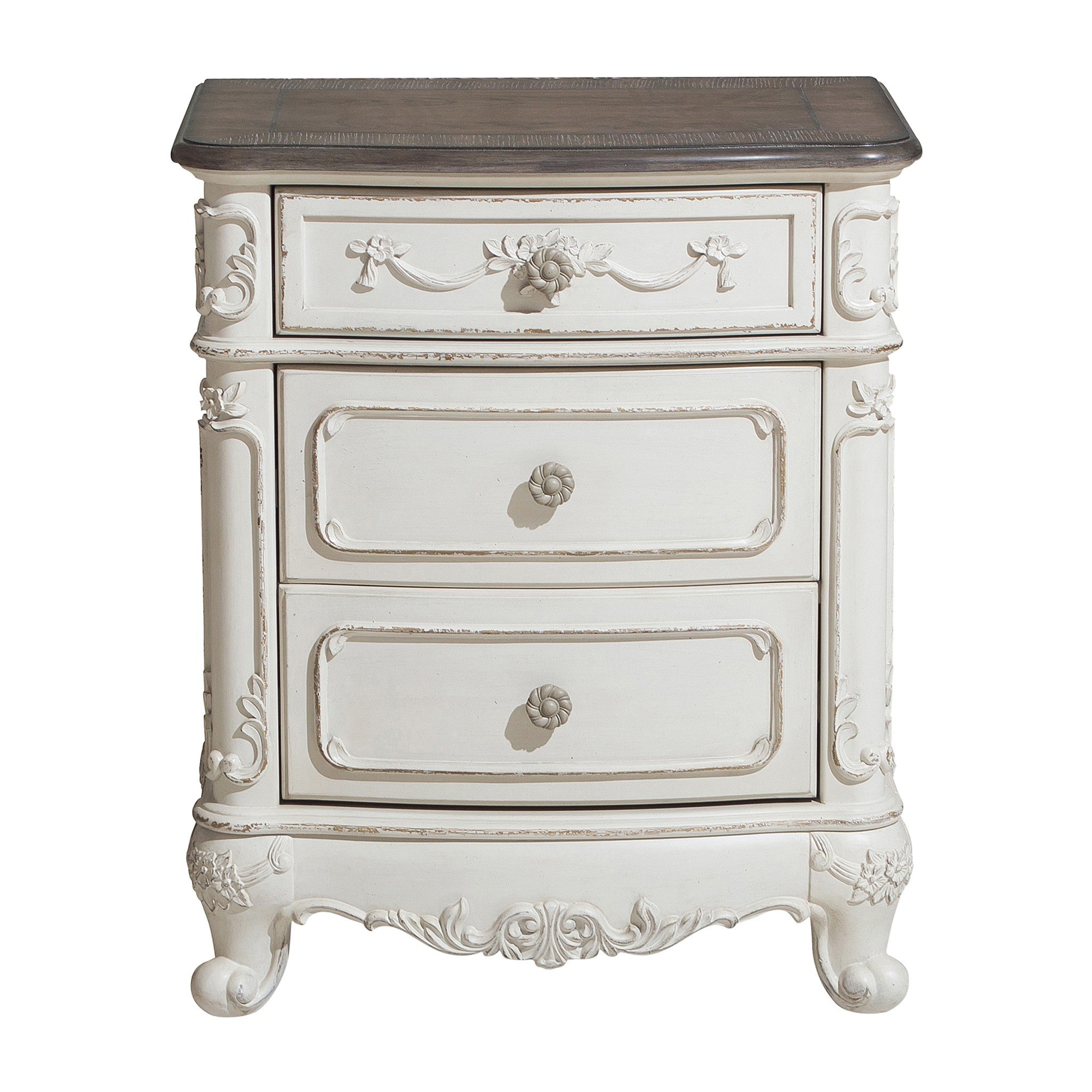 Victorian Style Antique White and Oak Finish Nightstand of 3-Drawer 1pc Carving Design Classic Traditional Bedroom Furniture