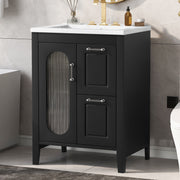 24' Bathroom Vanity with Sink, Bathroom Vanity Cabinet with Two Drawers and Door, Adjustable Shelf, Solid Wood and MDF, Black