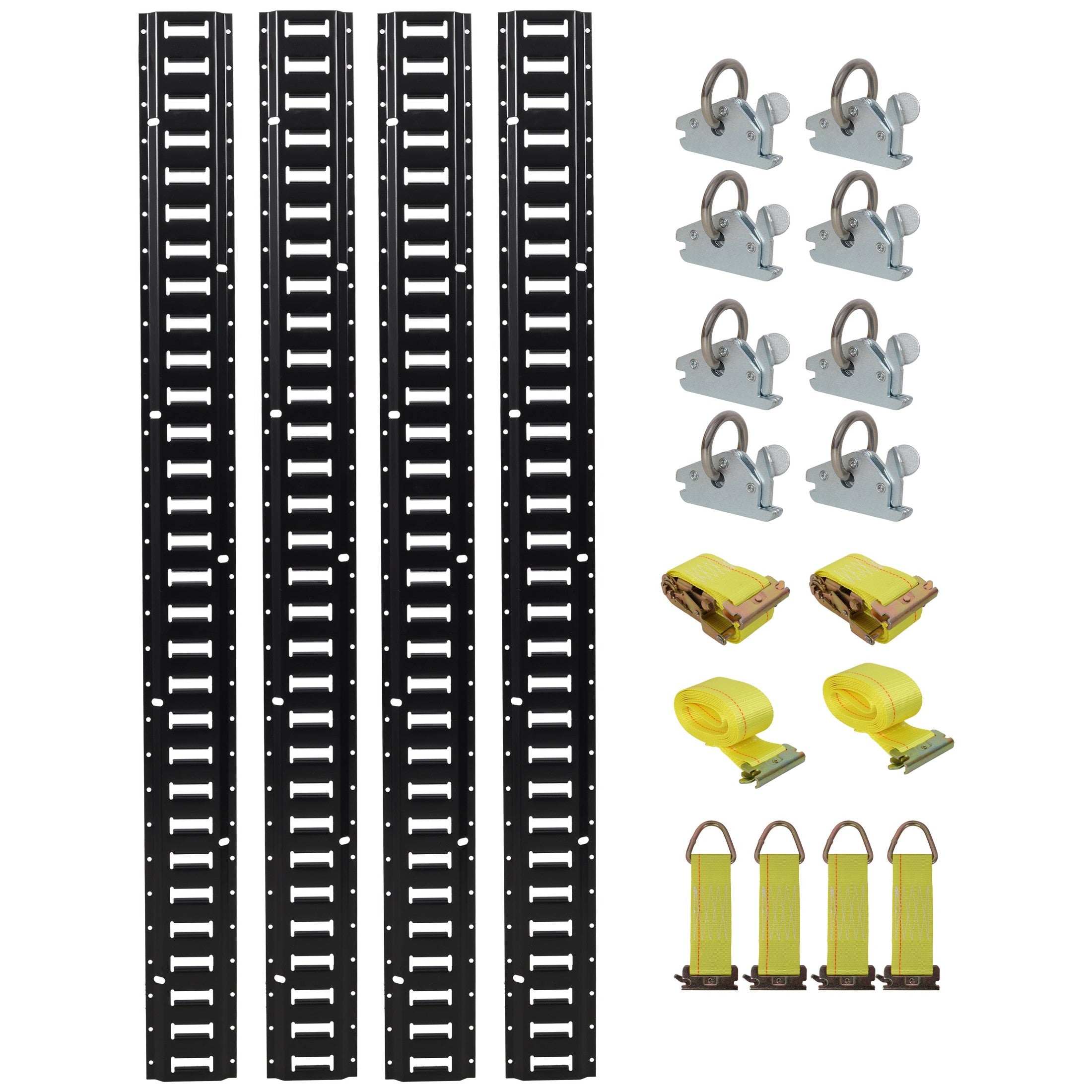 Universal 18PCS E Track Tie-Down Rail Kit for Trucks, Vans, and Garages with Steel O-Ring Anchors and Ratchet Straps