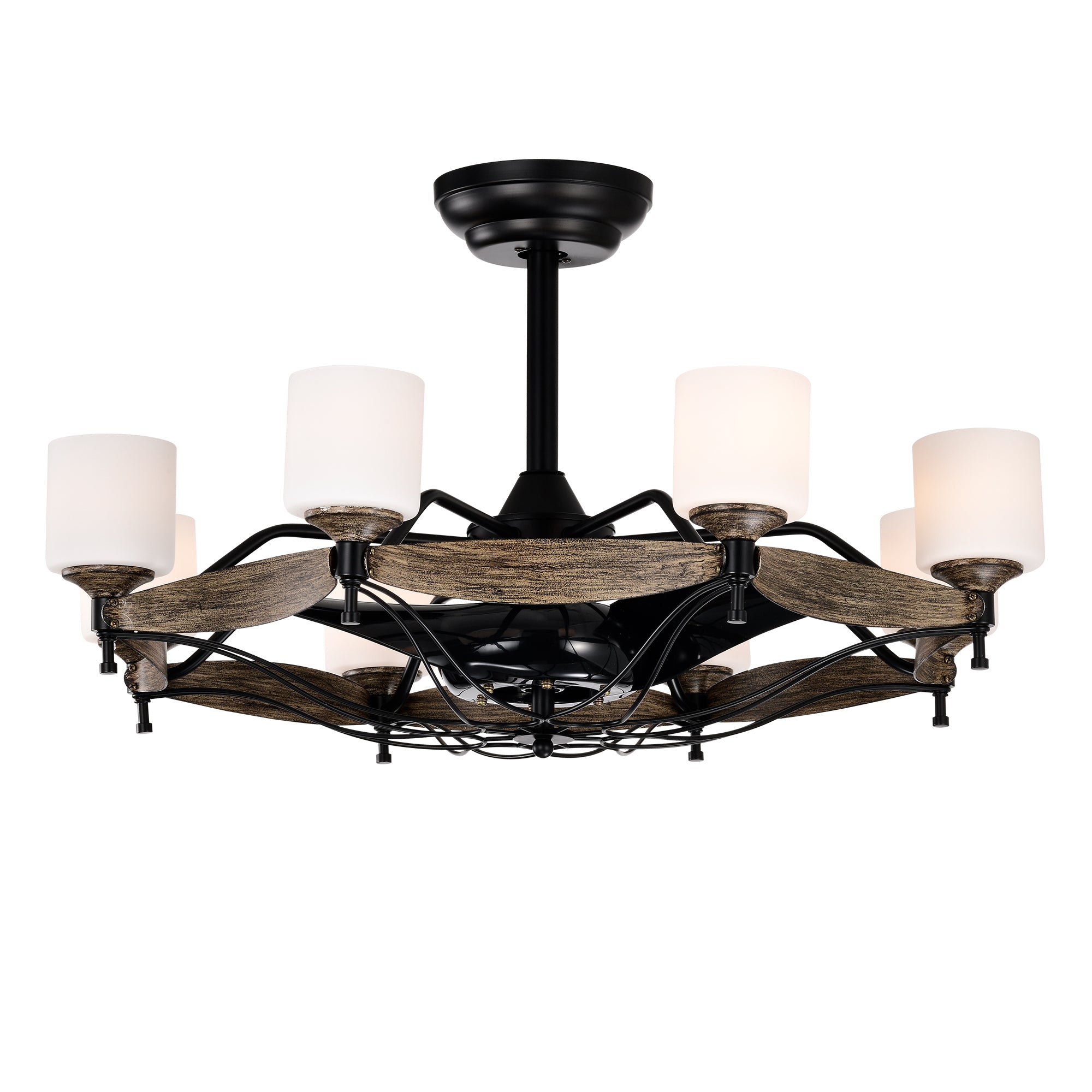 Dia 33 inch Chandelier Ceiling Fan for Bedroom Dining Room Living Room Kitchen Farmhouse Entry,Matte Black+  Wood Grain