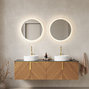 ARAI 60' Bathroom Vanity with Sinks, Floating Wall-Mounted Plywood Bathroom Storage Cabinet with 4 Doors,  2 White Round Ceramic Basins and Black Sintered Stone Countertop, Brown Oak Woodgrain Color