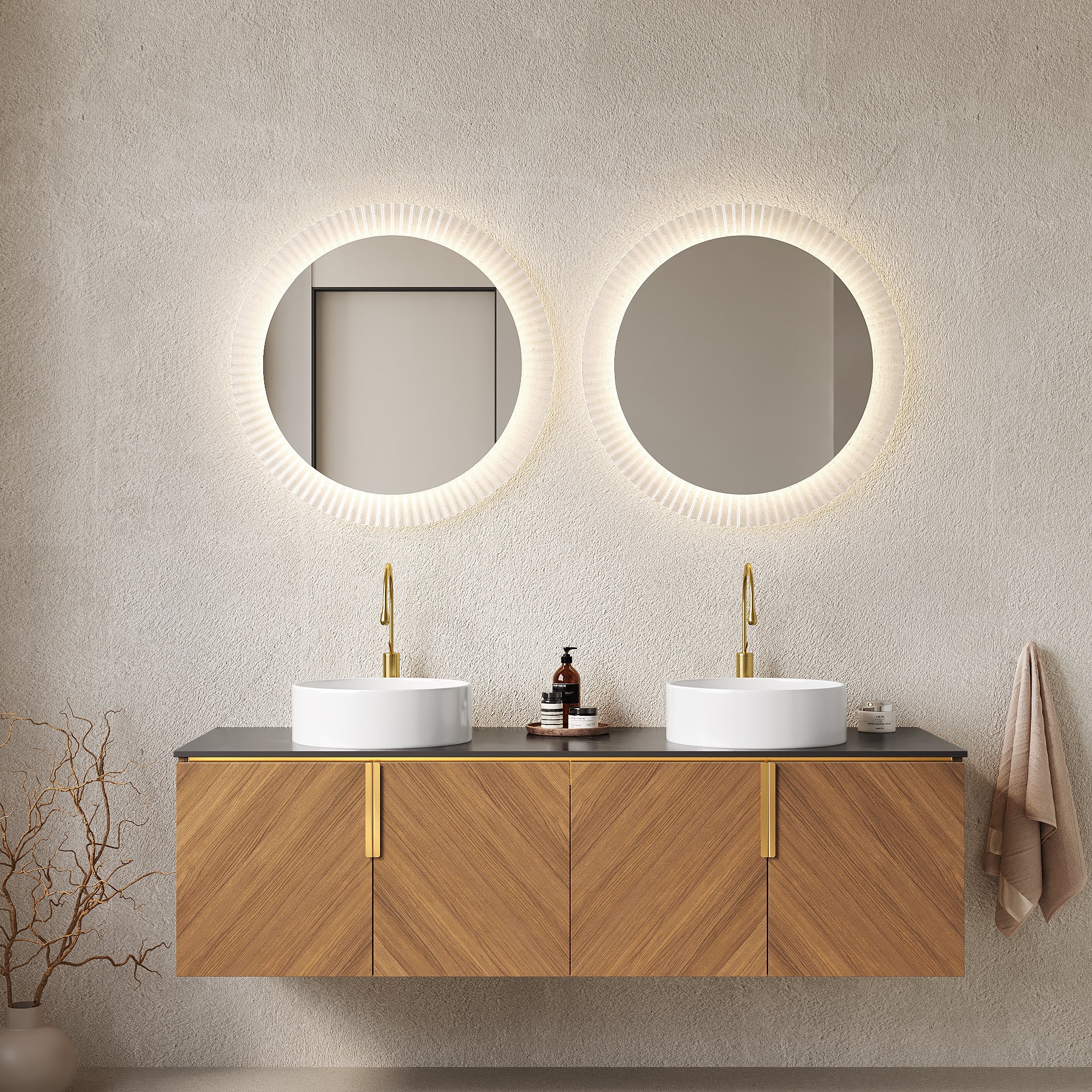 ARAI 60' Bathroom Vanity with Sinks, Floating Wall-Mounted Plywood Bathroom Storage Cabinet with 4 Doors,  2 White Round Ceramic Basins and Black Sintered Stone Countertop, Brown Oak Woodgrain Color