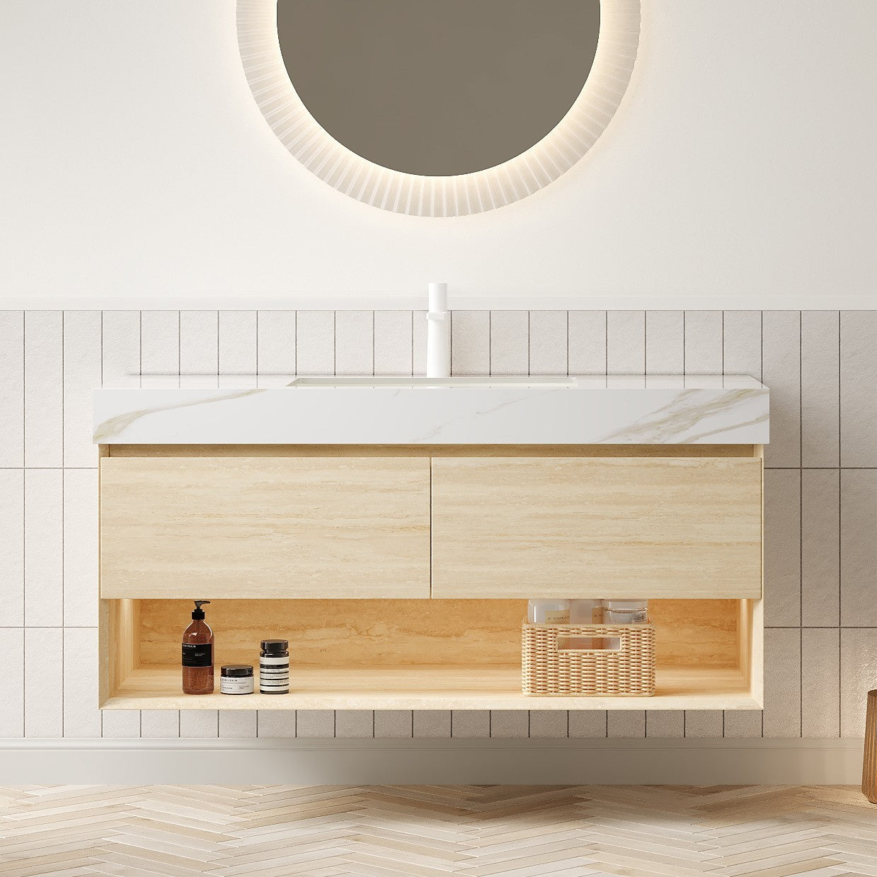 FRIGGA 48' Bathroom Vanity&Sink, Floating Plywood Storage Cabinet, Drawers&Shelf with Sensor Light, Ceramic Undermount Basin&Calacatta Gold Sintered Stone Top, Pre-assembled, Travertine Texture Finish