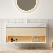 FRIGGA 48' Bathroom Vanity&Sink, Floating Plywood Storage Cabinet, Drawers&Shelf with Sensor Light, Ceramic Undermount Basin&Calacatta Gold Sintered Stone Top, Pre-assembled, Travertine Texture Finish