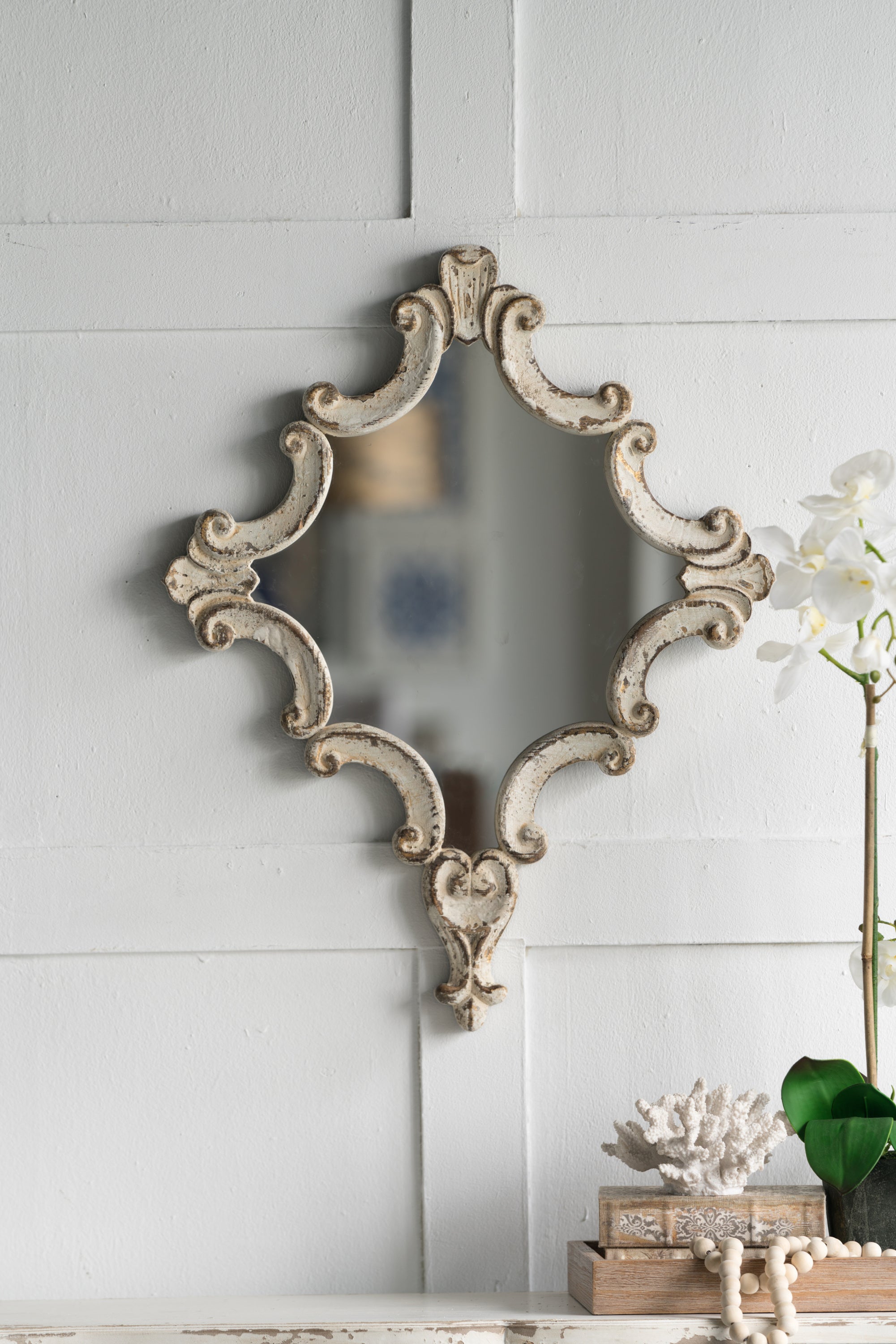 30' x 23.5' Artistic White Diamond Scrollwork Mirror, Home Accent Mirror for Living Room, Entryway, Bedroom, Office