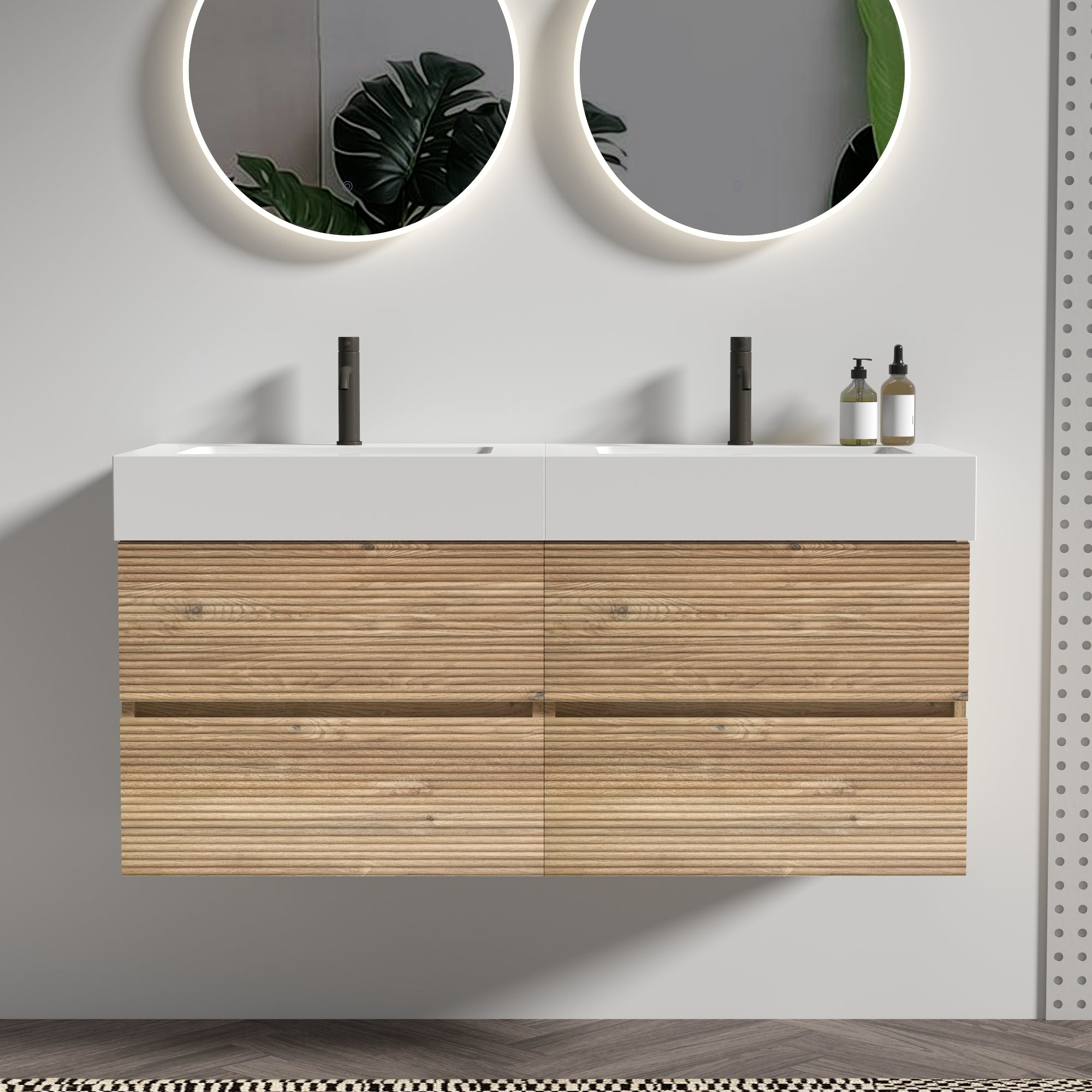 Grace 48'' Bathroom Vanity with oak Engineered Quartz Sink and Soft Black Drawers, Wall Mounted Floating Bathroom Vanity for Modern Bathroom, One-Piece Matt  White Glossy
Basin, KD