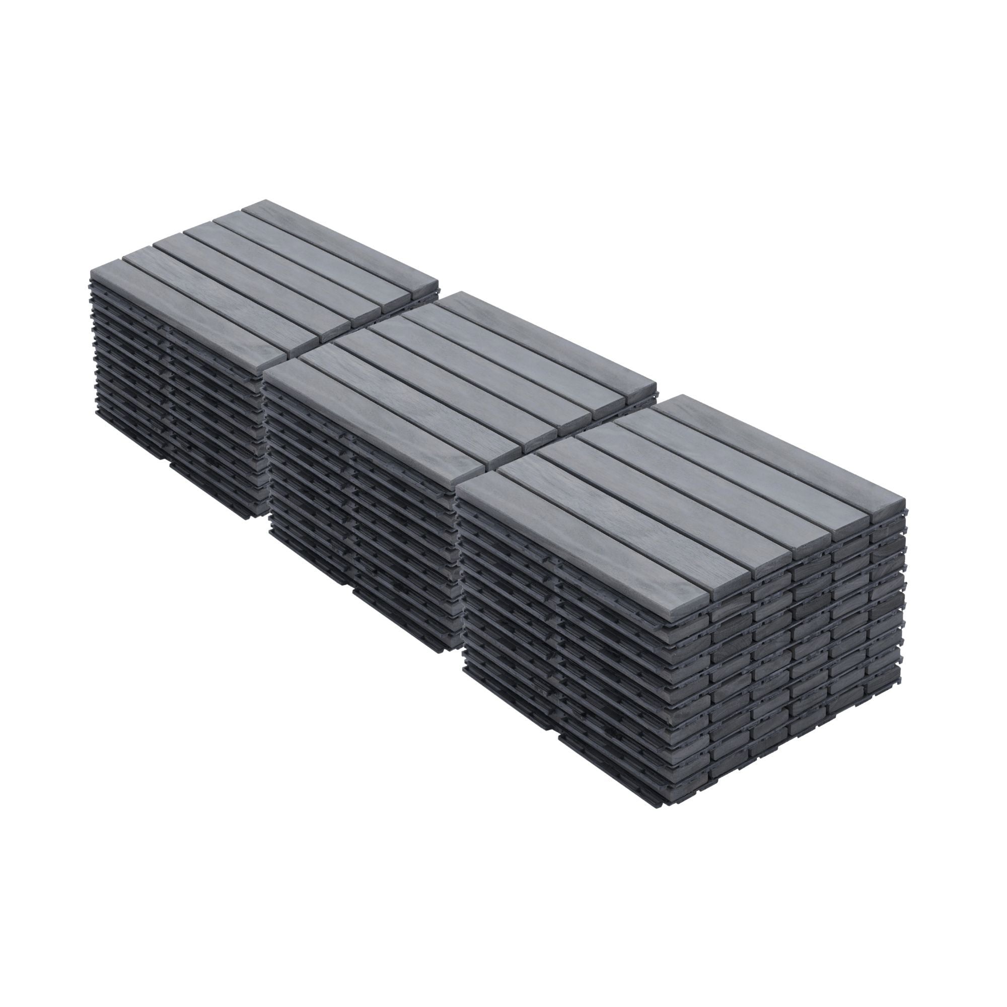 Acacia Hardwood Interlocking Deck Tiles, Striped Pattern, Light Gray, 12' x 12' Square Outdoor Flooring