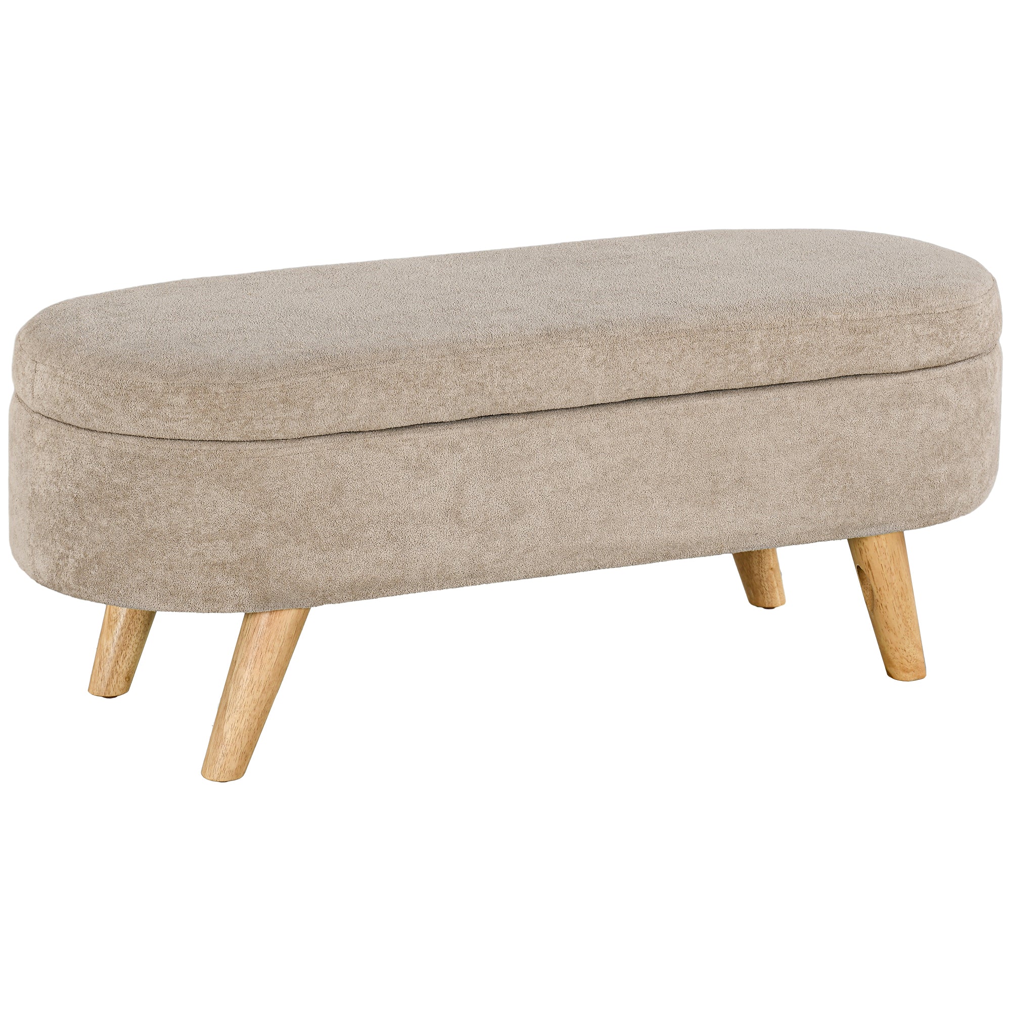 HOMCOM Storage Ottoman Bench, 43.3' Teddy Fleece Upholstered End of Bed Bench with Wood Legs and Padded Seat, Oval Modern Entryway Bench, Beige